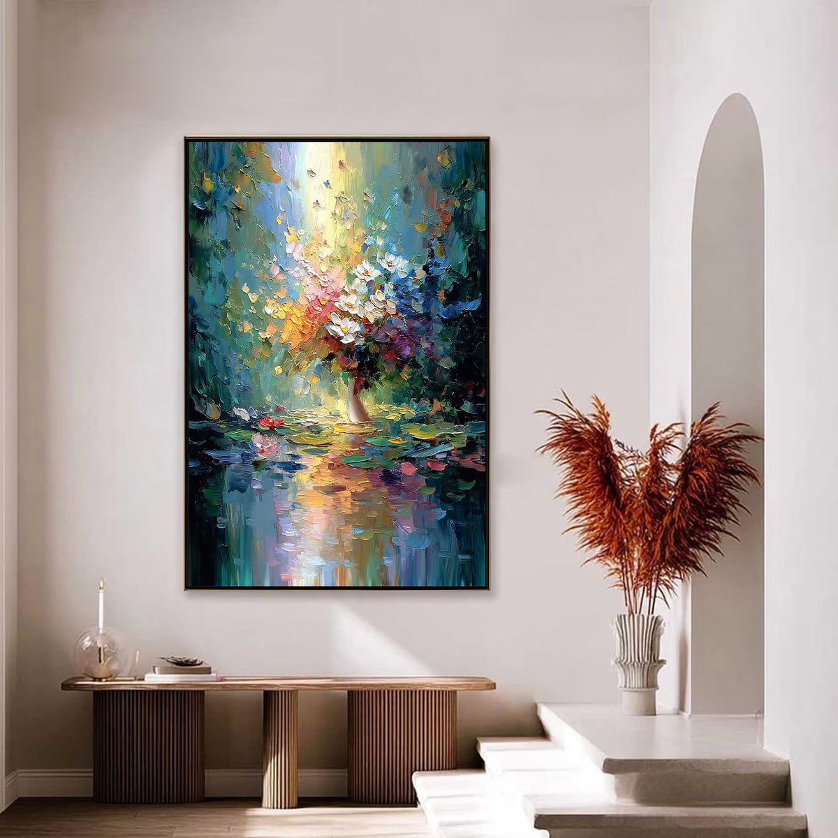 Reflected Blooms – Colorful Floral Vase Oil Painting#yy721143