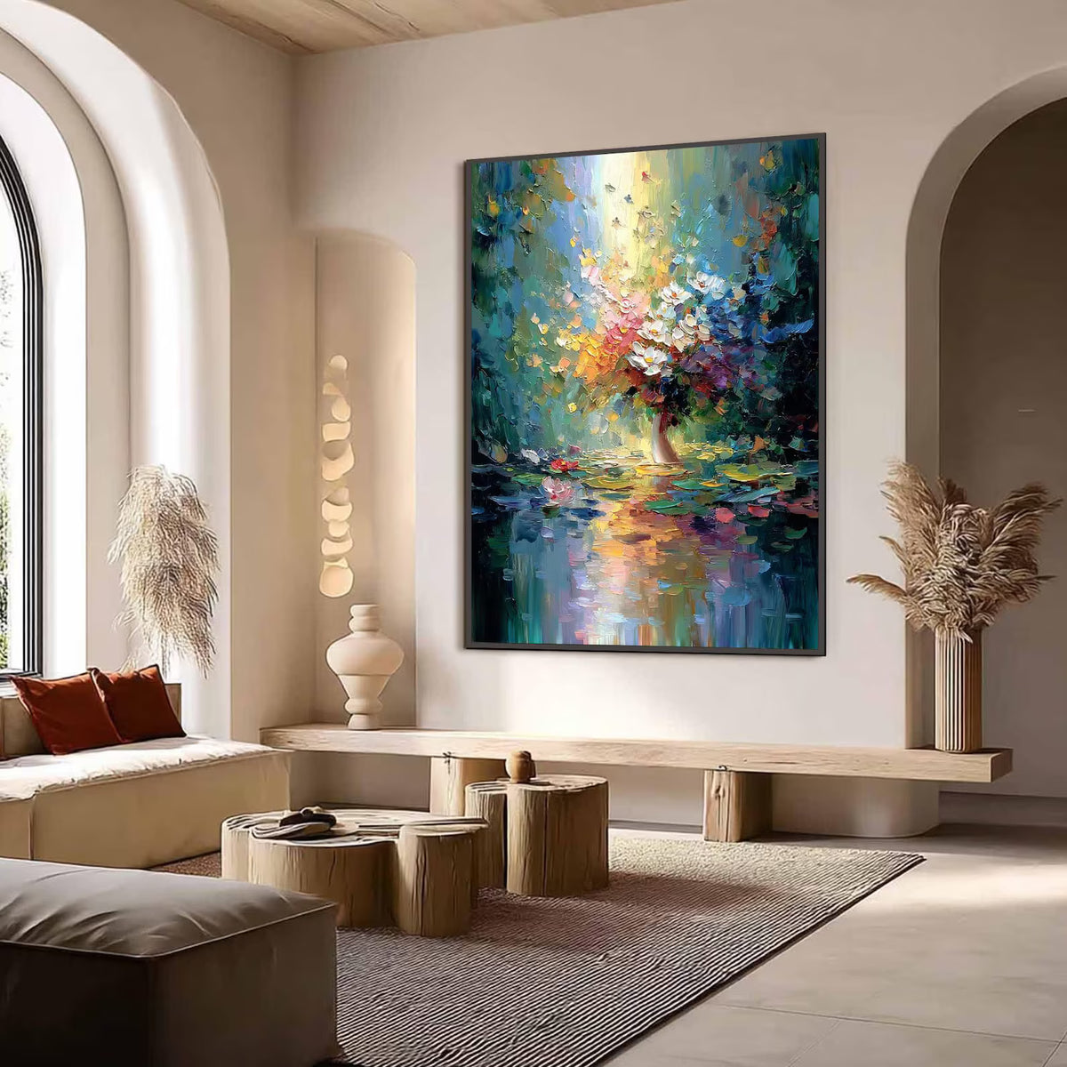 Reflected Blooms – Colorful Floral Vase Oil Painting#yy721143