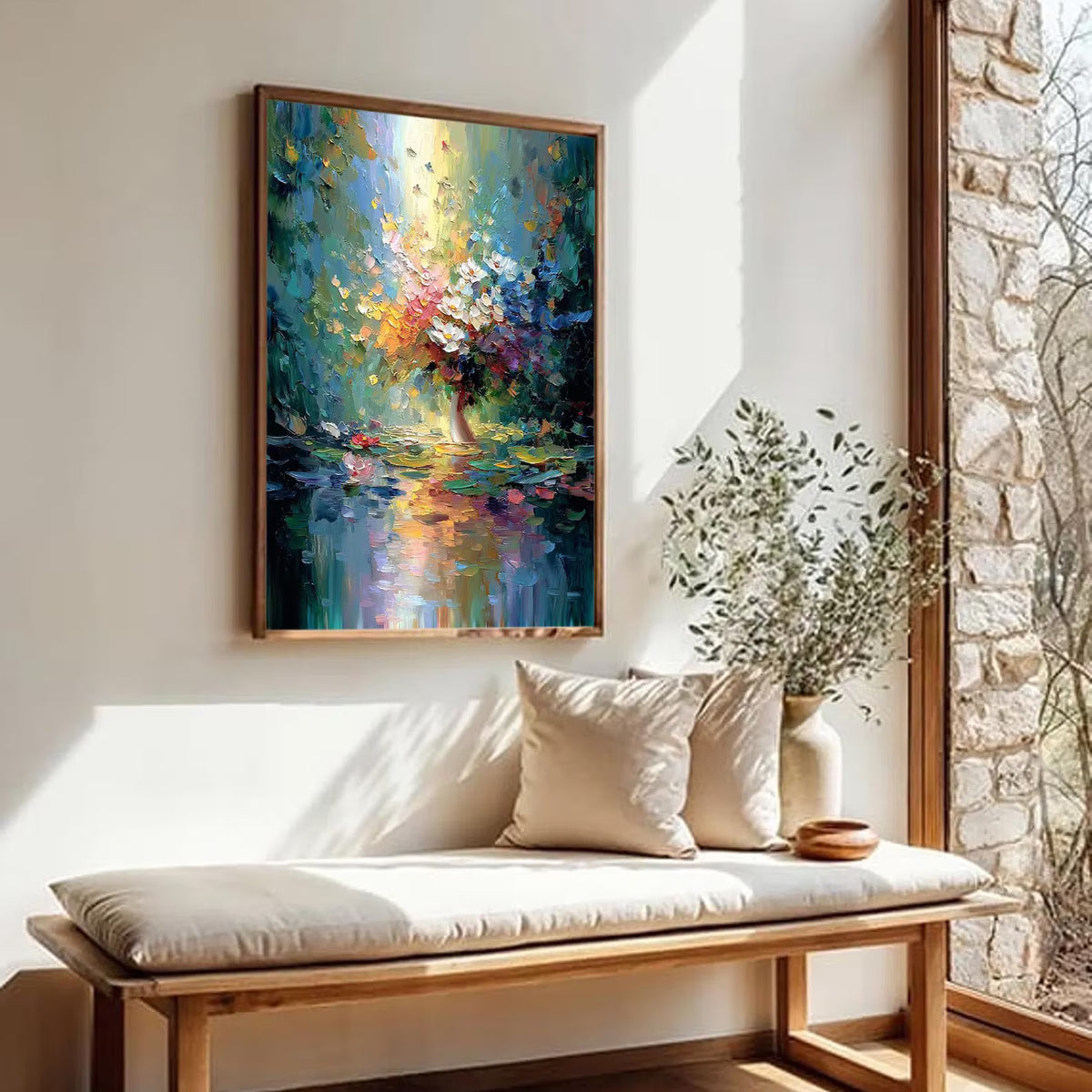 Reflected Blooms – Colorful Floral Vase Oil Painting#yy721143