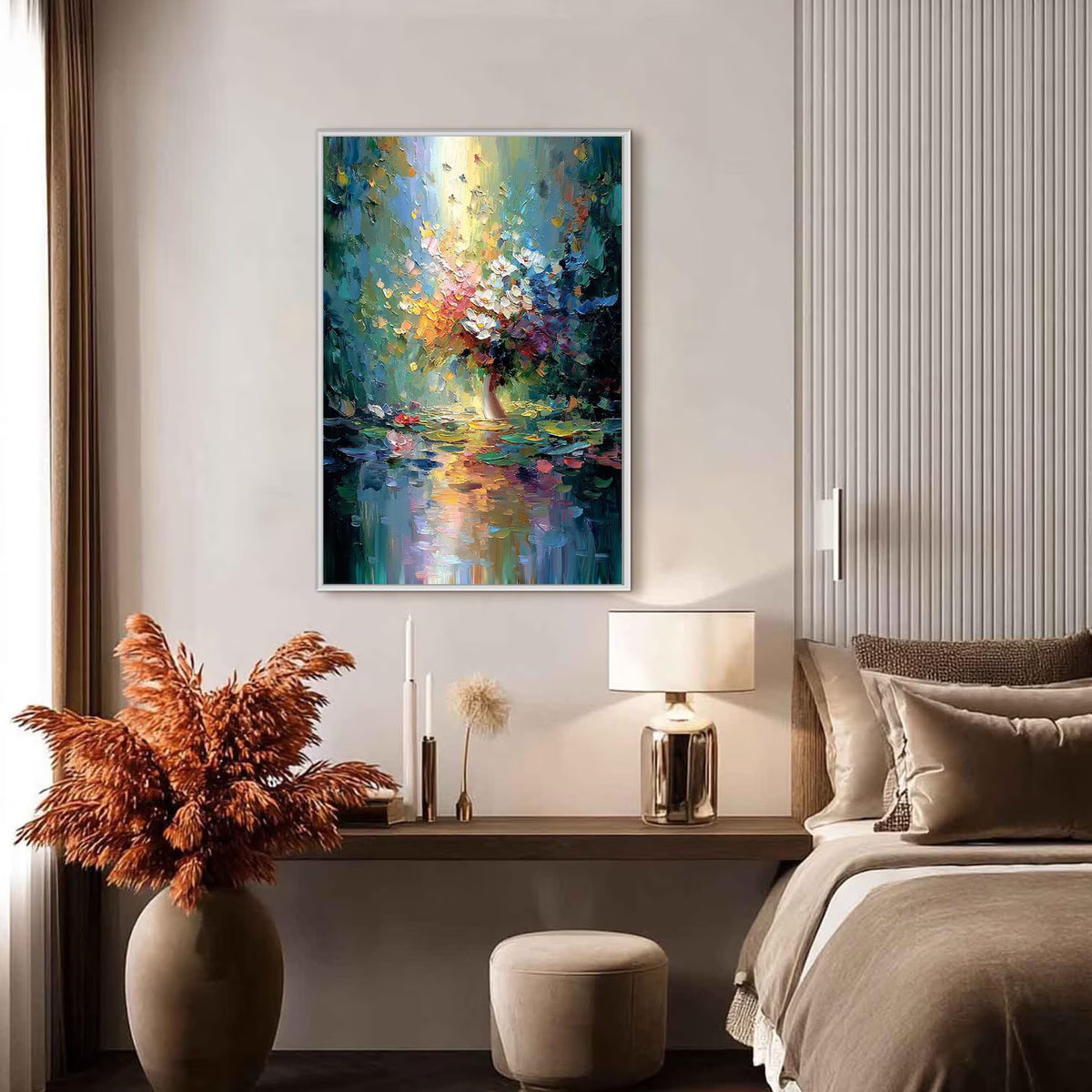 Reflected Blooms – Colorful Floral Vase Oil Painting#yy721143