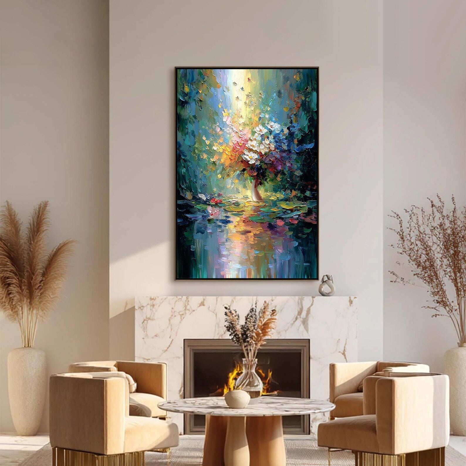 Reflected Blooms – Colorful Floral Vase Oil Painting#yy721143