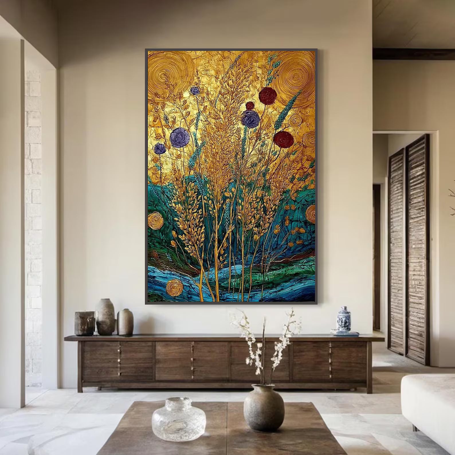 Golden Botanical Wall Art – Luxury Floral Canvas Painting#yy721145