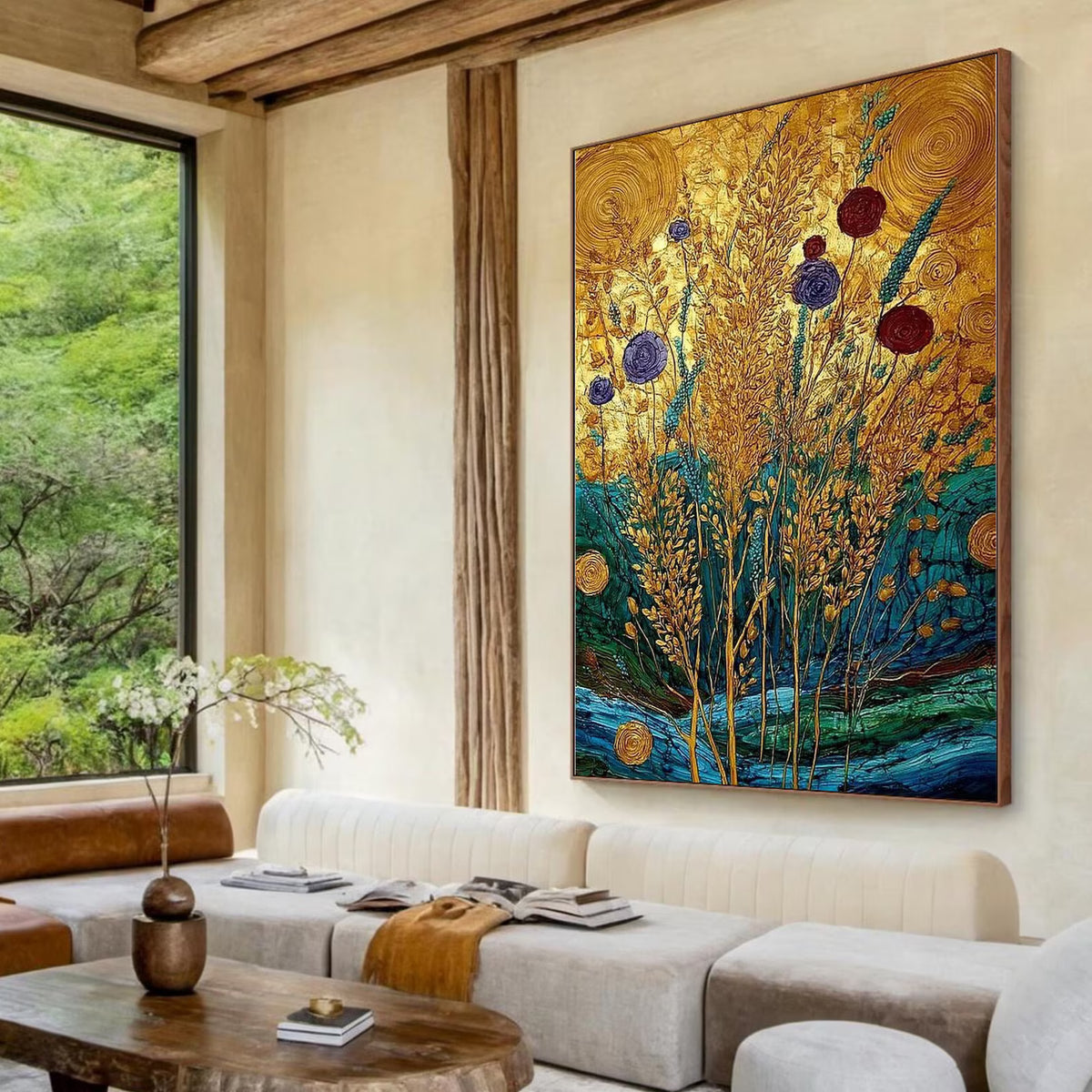texture Golden Botanical Wall Art – Luxury Floral Canvas Painting#yy721145