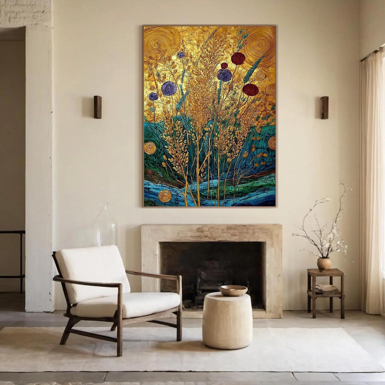 Golden Botanical Wall Art – Luxury Floral Canvas Painting#yy721145