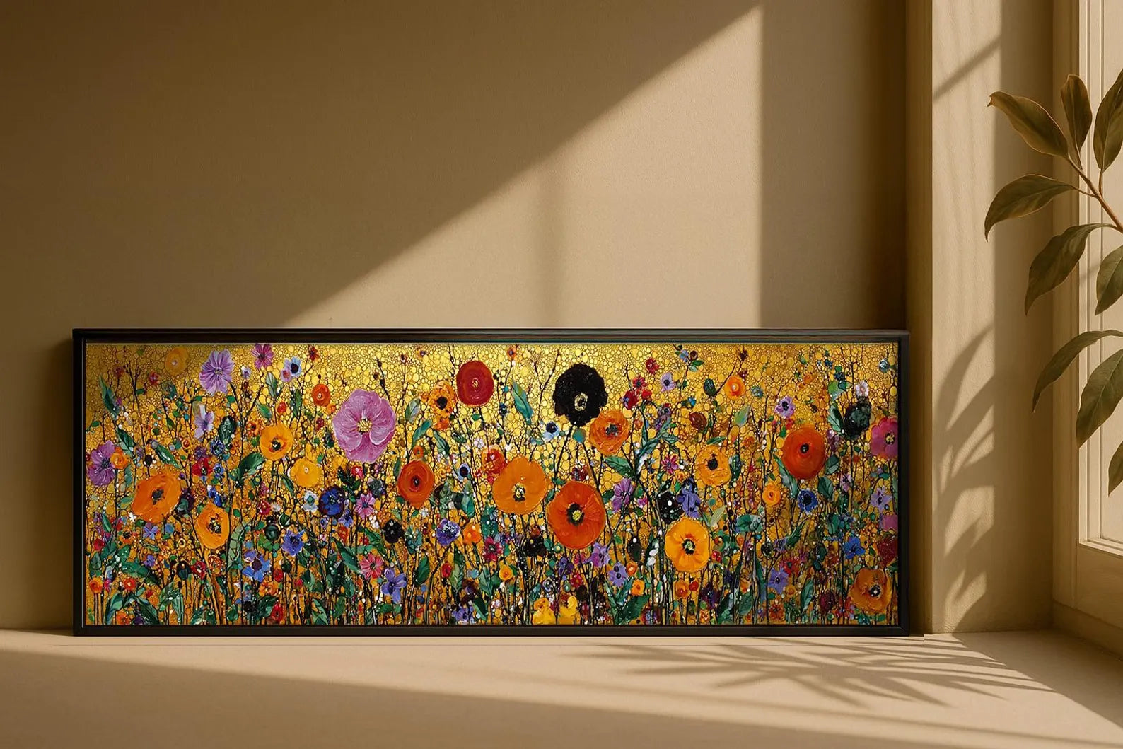 Golden Wildflower Tapestry – Panoramic Floral Oil Painting#yy721157