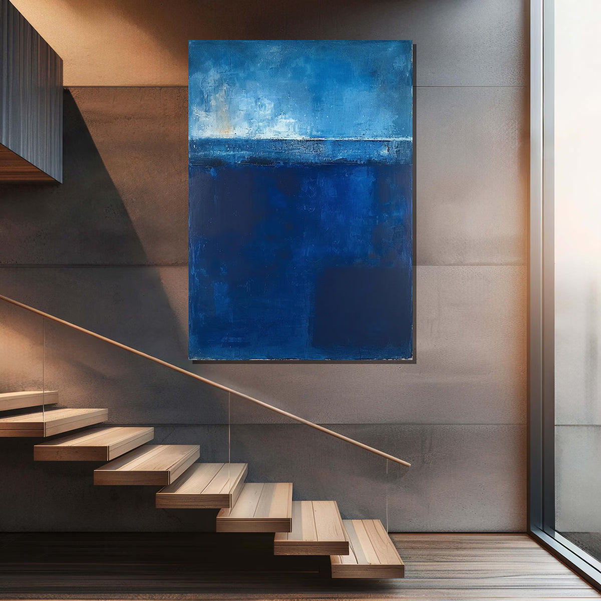 Blue Abstract Wall Art – Modern Ocean Texture Canvas Painting#yy7271