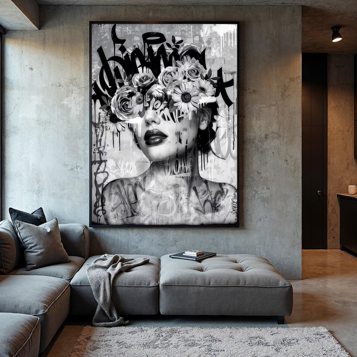 Black White Portrait Wall Art – Modern Graffiti Floral Canvas Painting#yy7279