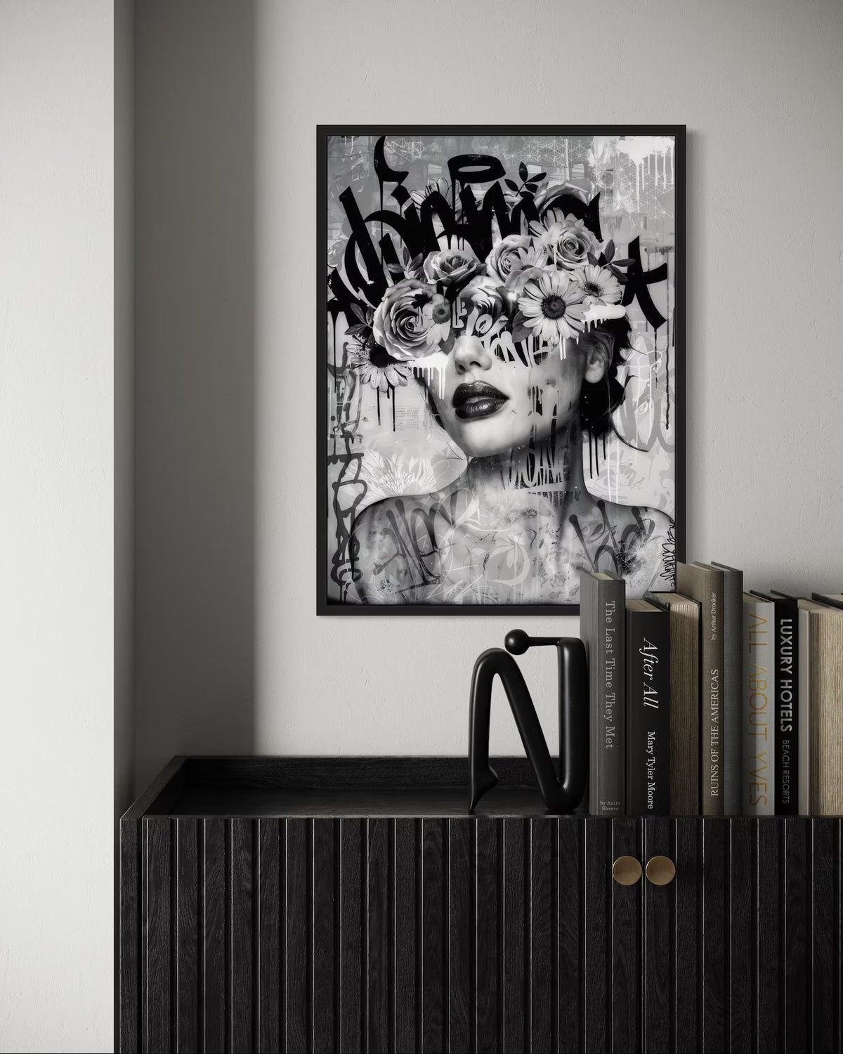 texture Black White Portrait Wall Art – Modern Graffiti Floral Canvas Painting#yy7279