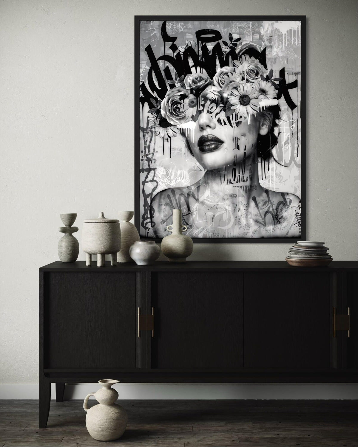Black White Portrait Wall Art – Modern Graffiti Floral Canvas Painting#yy7279