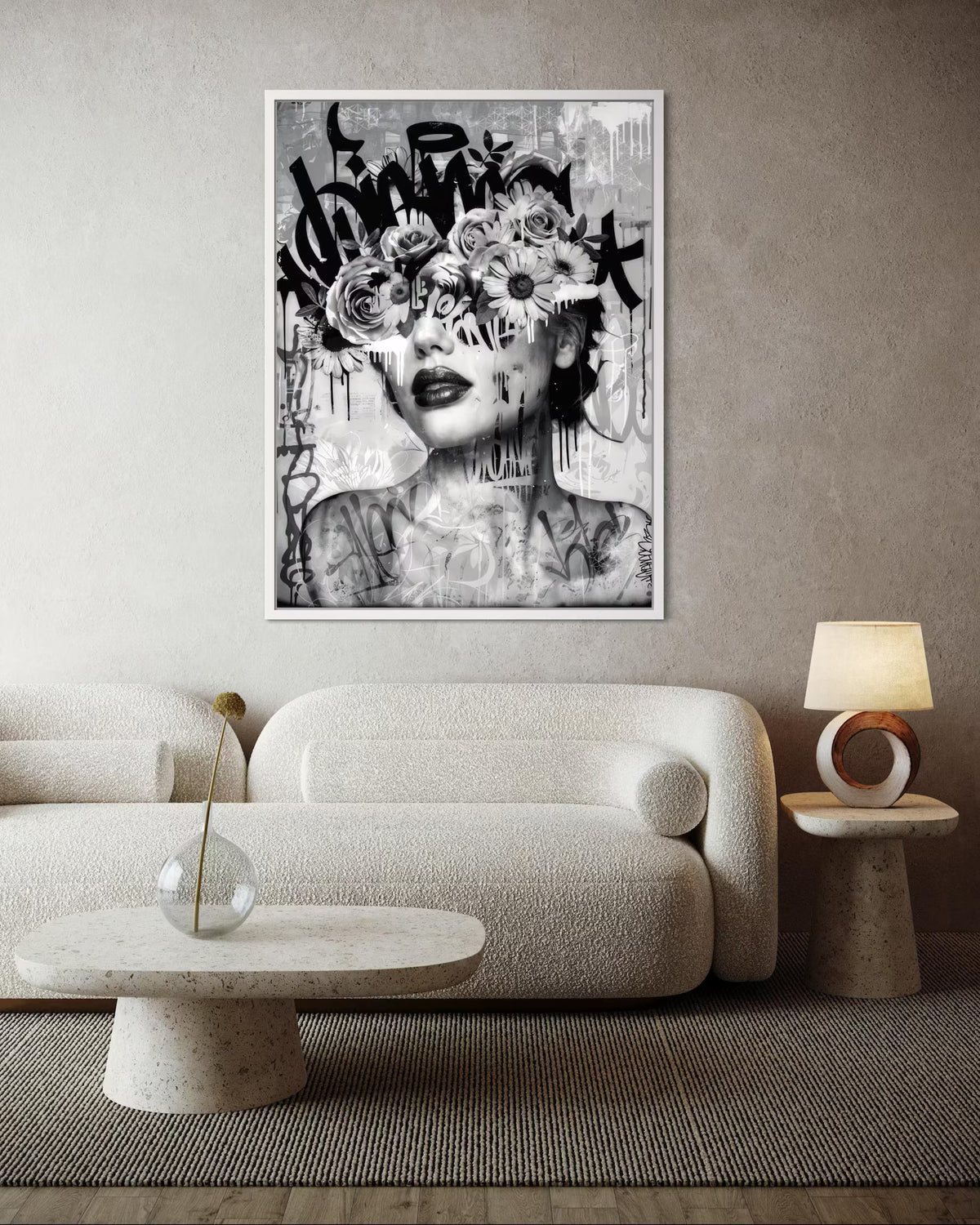 Black White Portrait Wall Art – Modern Graffiti Floral Canvas Painting#yy7279
