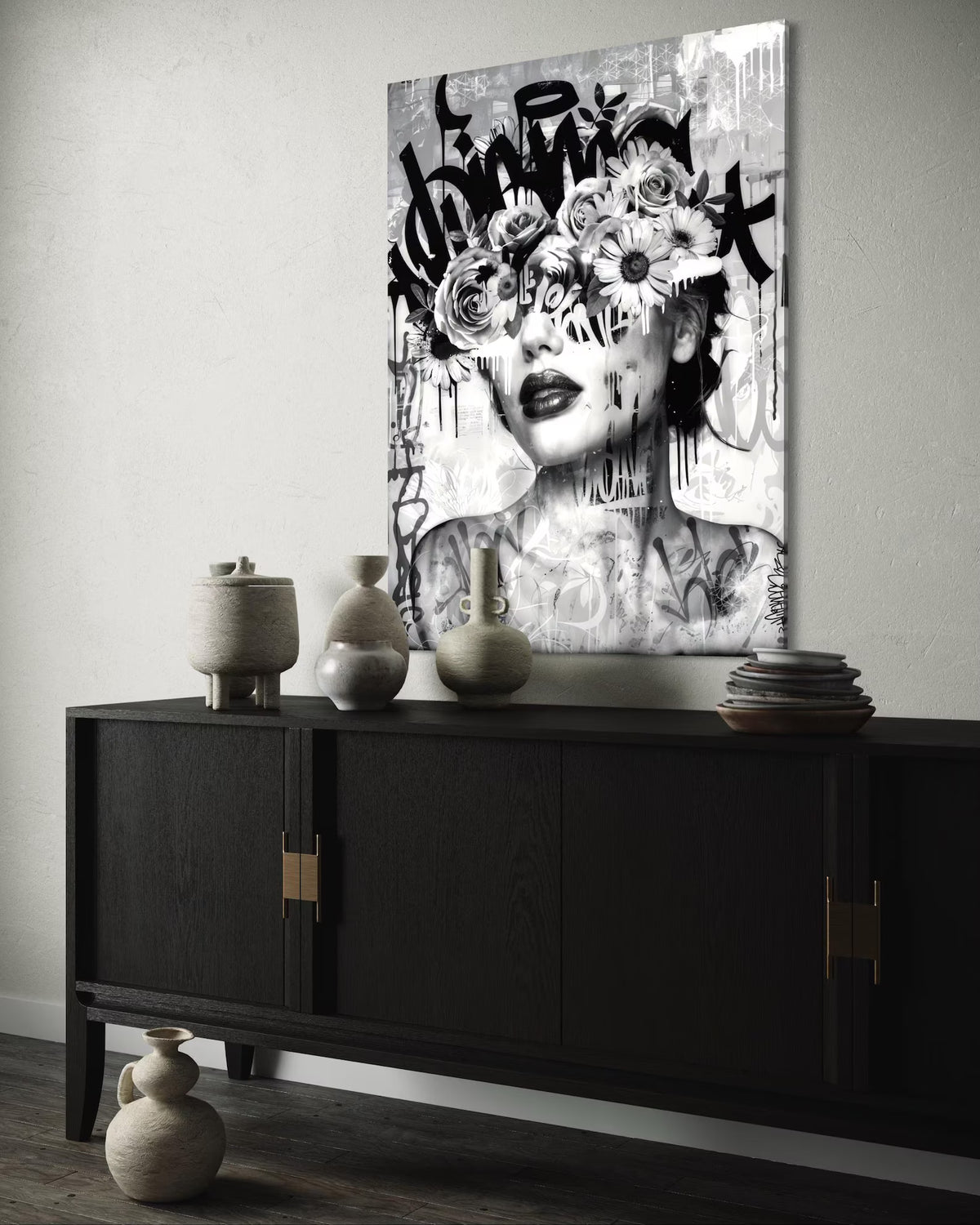 Black White Portrait Wall Art – Modern Graffiti Floral Canvas Painting#yy7279