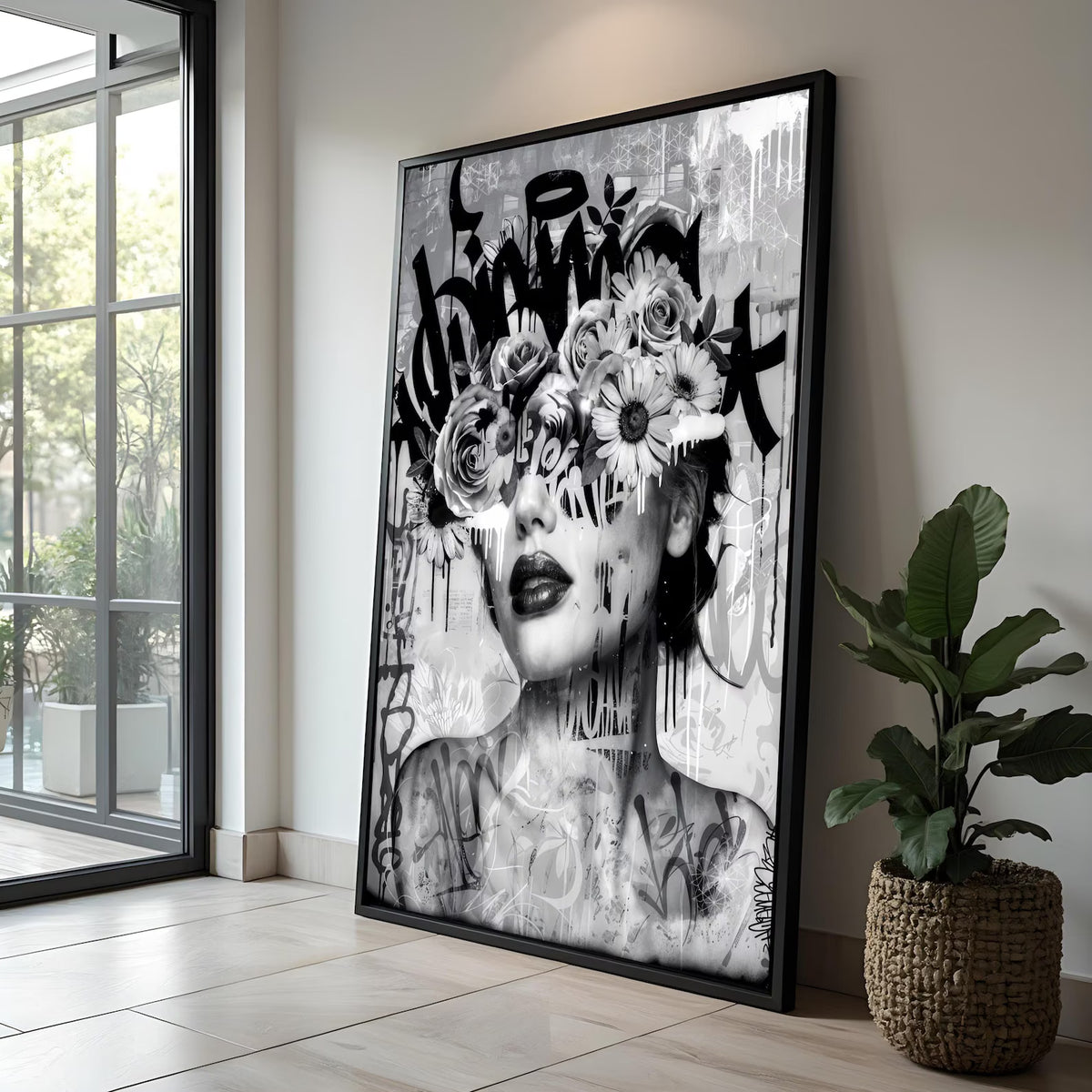 Black White Portrait Wall Art – Modern Graffiti Floral Canvas Painting#yy7279