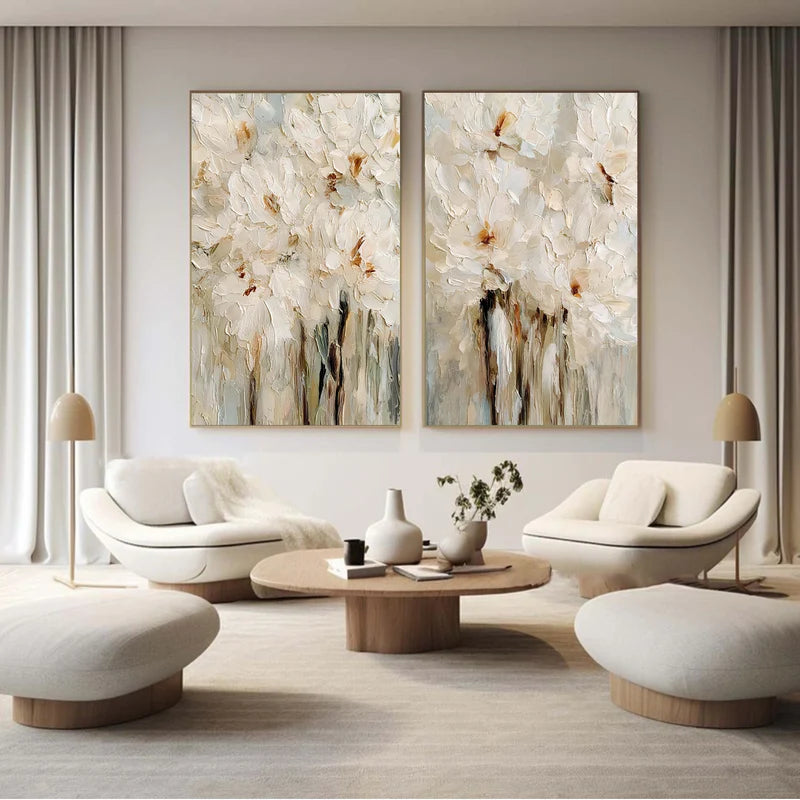 White Floral Wall Art Set – 3D Textured Flower Canvas Painting#yy7295