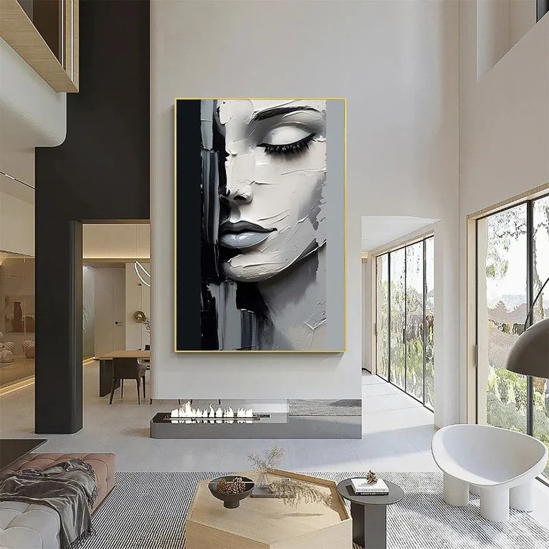 Black and White Portrait Wall Art – Modern Textured Face Canvas Painting#yy7296