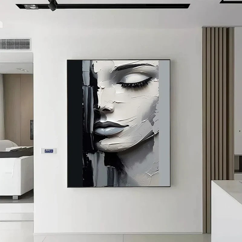 Black and White Portrait Wall Art – Modern Textured Face Canvas Painting#yy7296