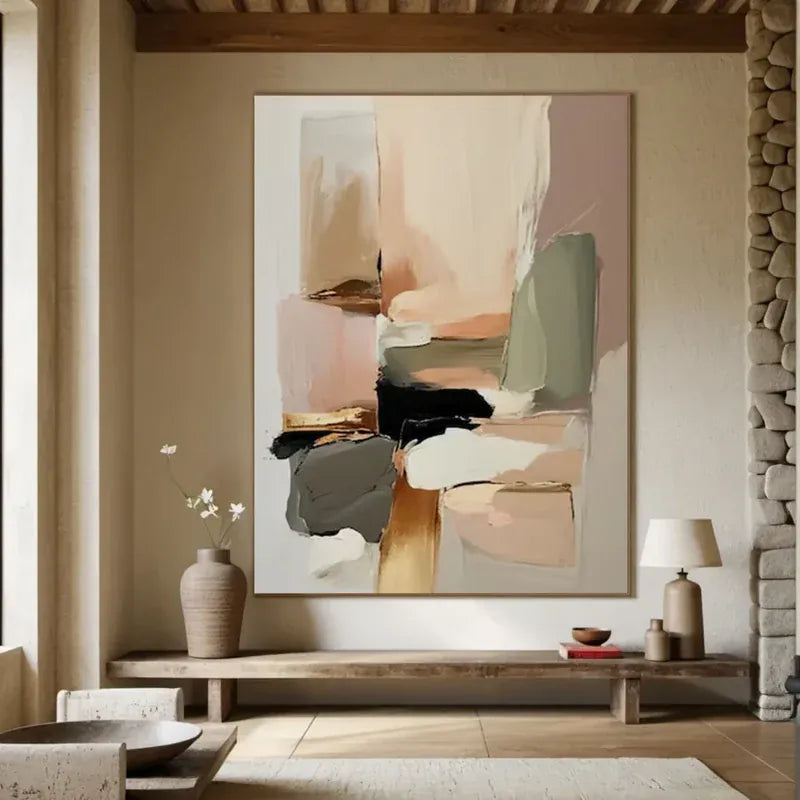 Neutral Abstract Wall Art – Modern Geometric Canvas Painting#yy7298