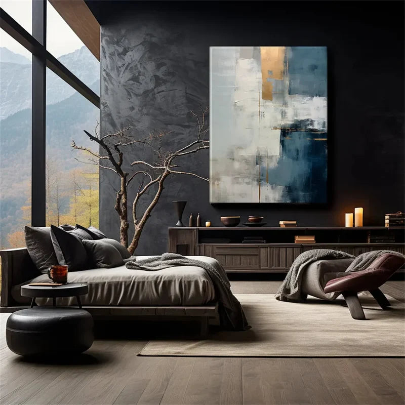 Blue Abstract Wall Art – Modern Geometric Textured Canvas Painting#yy7299