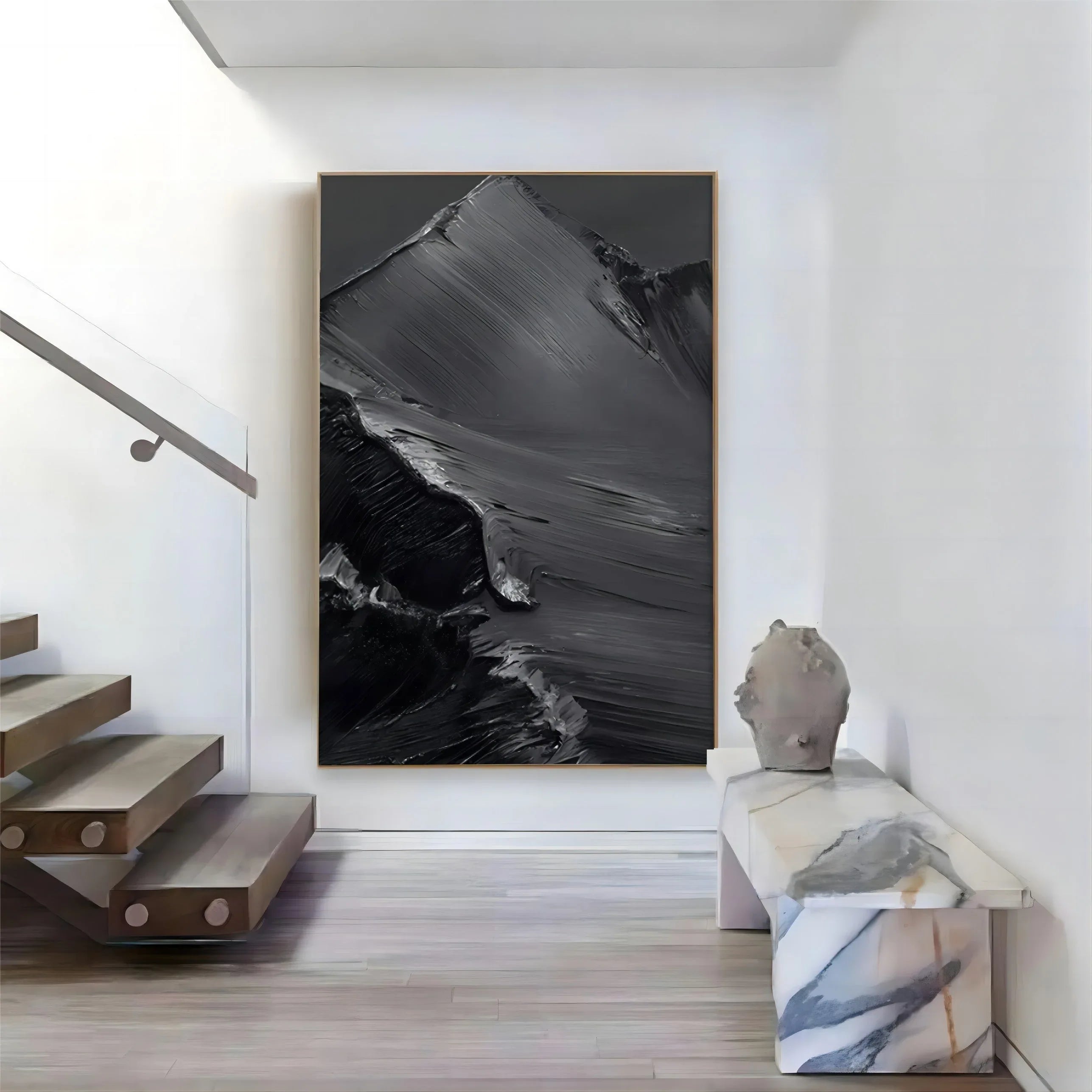Midnight Peaks Vertical Art-Minimalist Oil Painting Wall Art with Mountain Scenery Texture - artextured