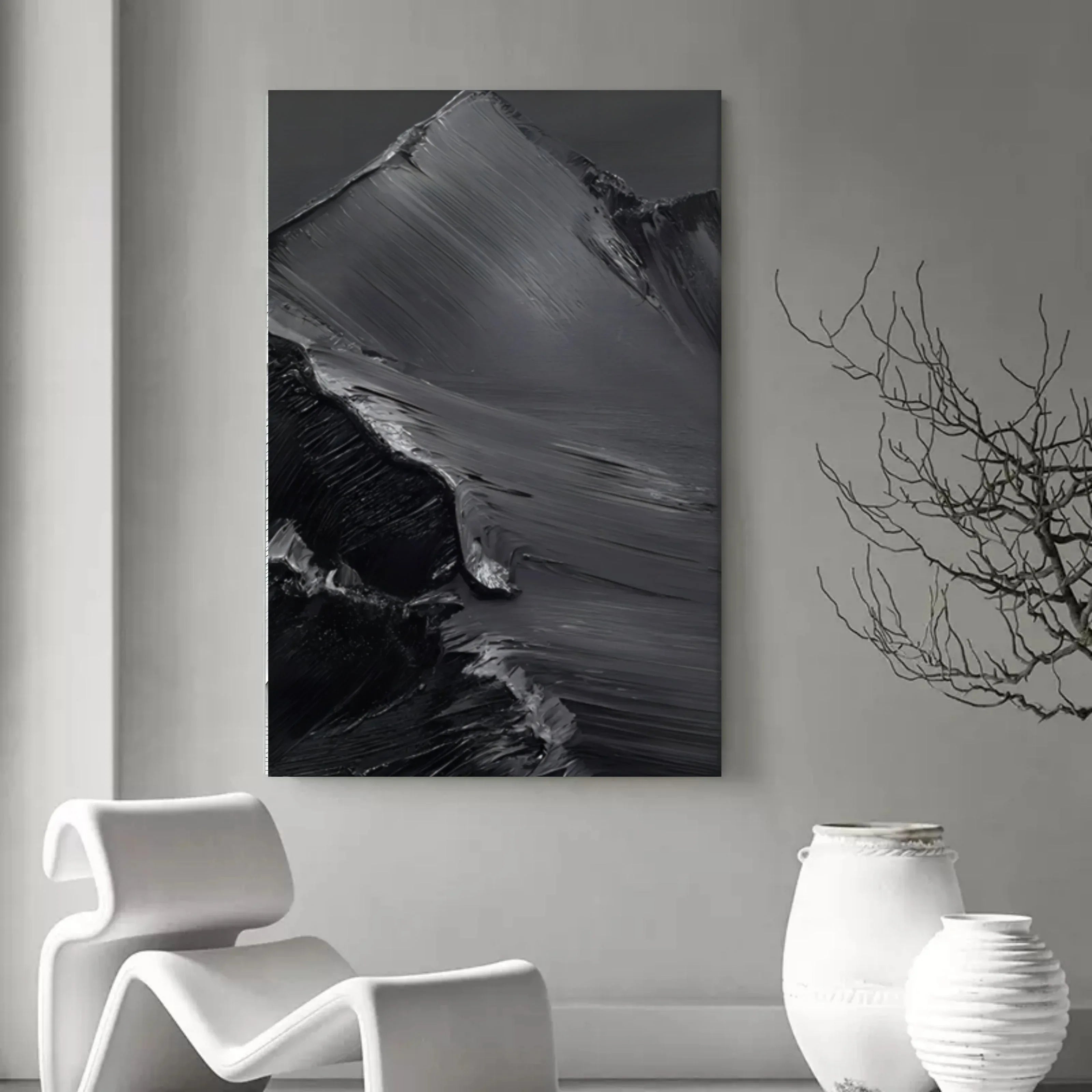 Midnight Peaks Vertical Art-Minimalist Oil Painting Wall Art with Mountain Scenery Texture - artextured