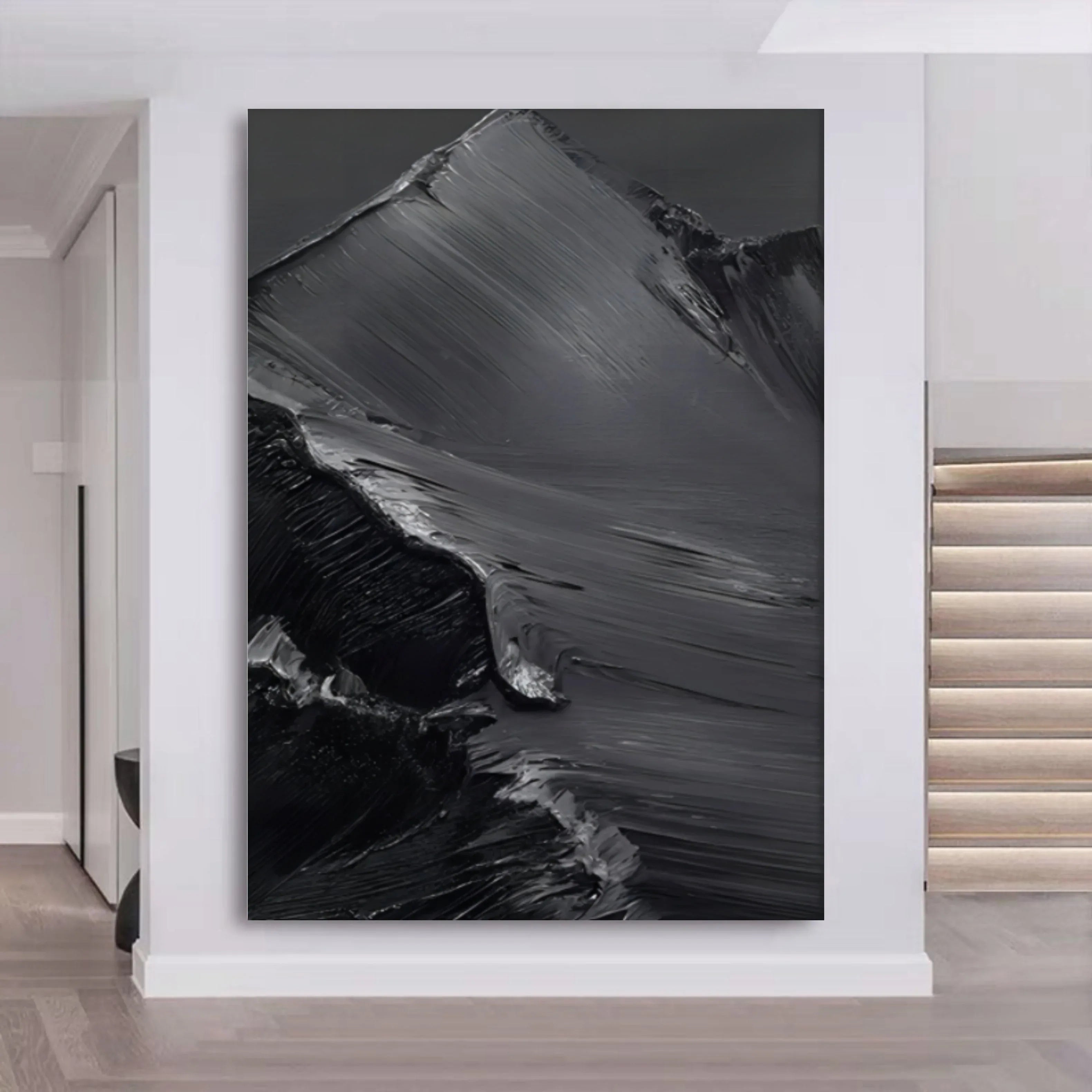 Midnight Peaks Vertical Art-Minimalist Oil Painting Wall Art with Mountain Scenery Texture - artextured