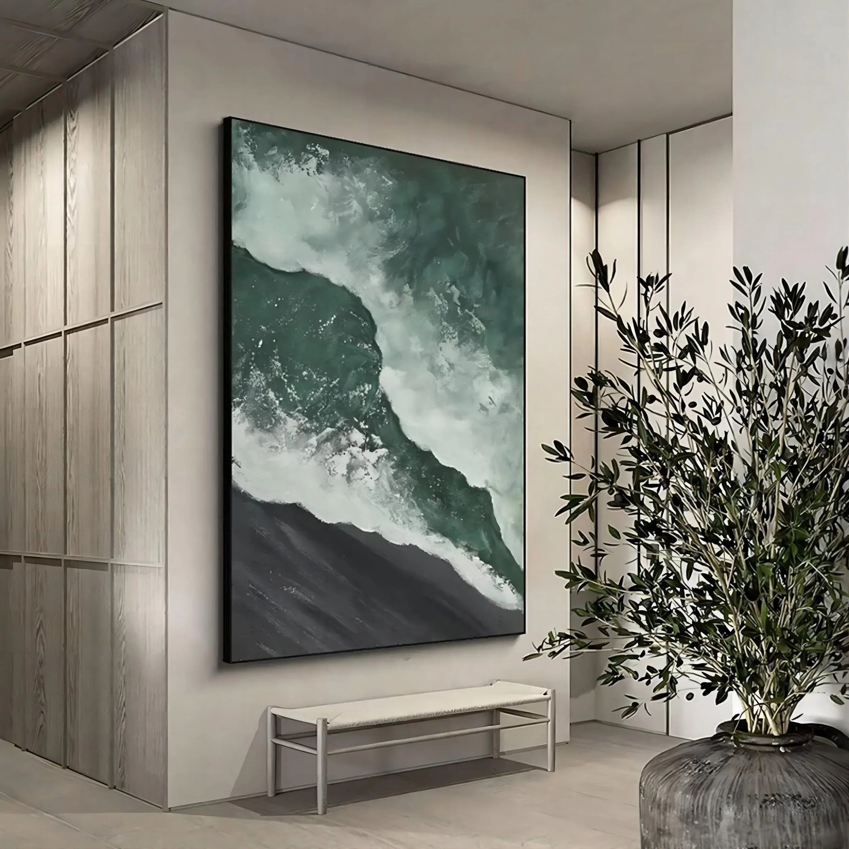 Emerald Tide-Hand Drawn Dark Green 3D Texture Wave Abstract Wall Art - artextured