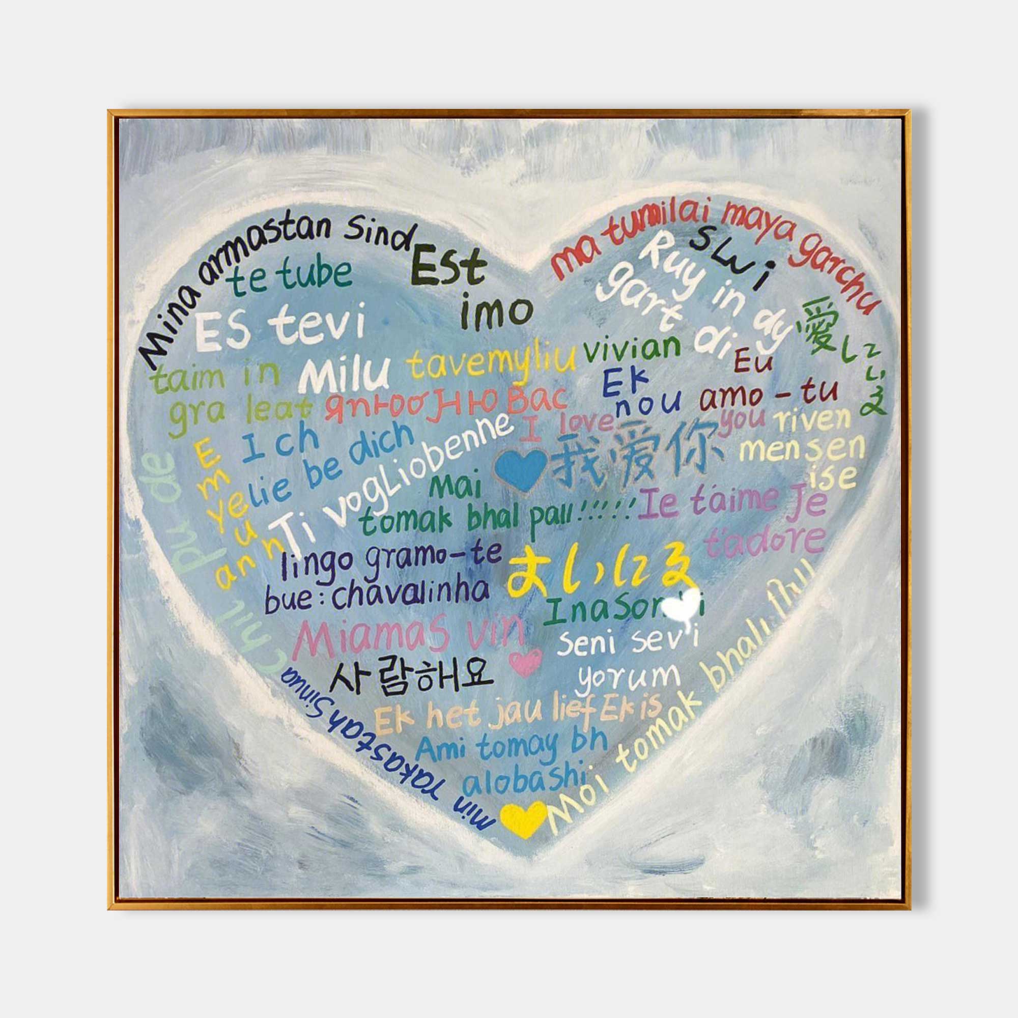 Multilingual Love Heart Abstract Painting – Inspiring Wall Art Decor