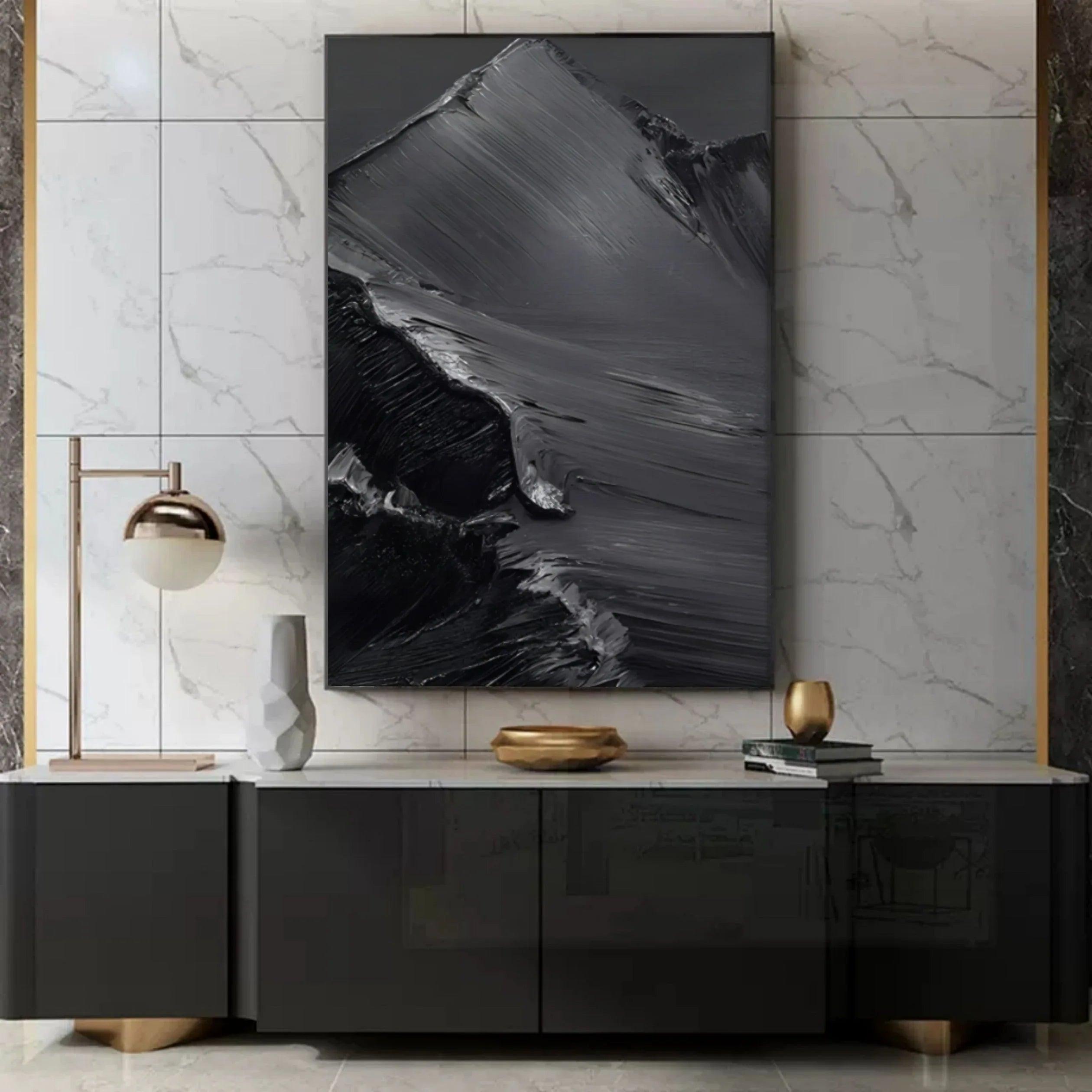 Midnight Peaks Vertical Art-Minimalist Oil Painting Wall Art with Mountain Scenery Texture - artextured