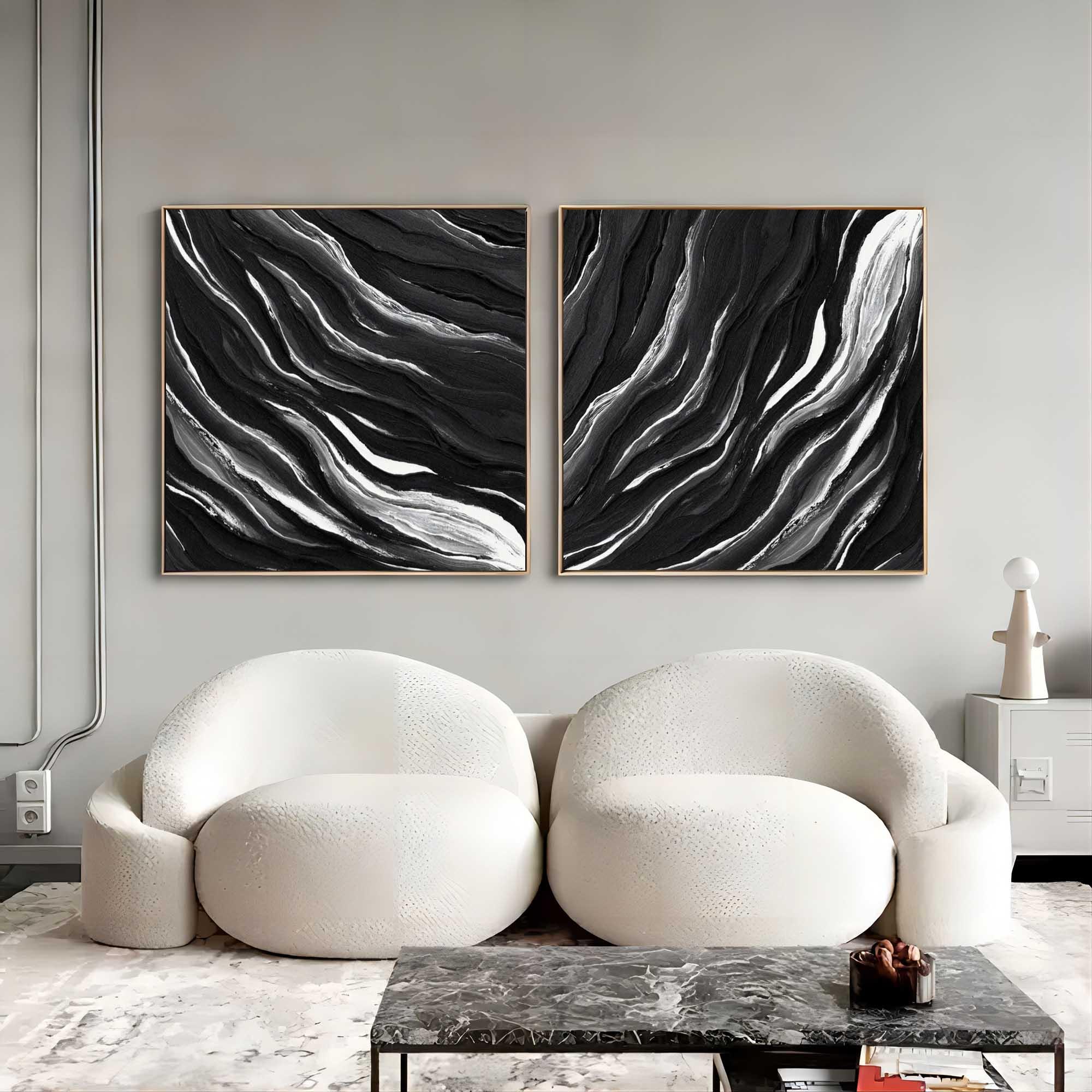 Monochrome Tides Diptych Set Of 2-Minimalist Hand Drawn Flowing Texture Abstract Wall Art - artextured