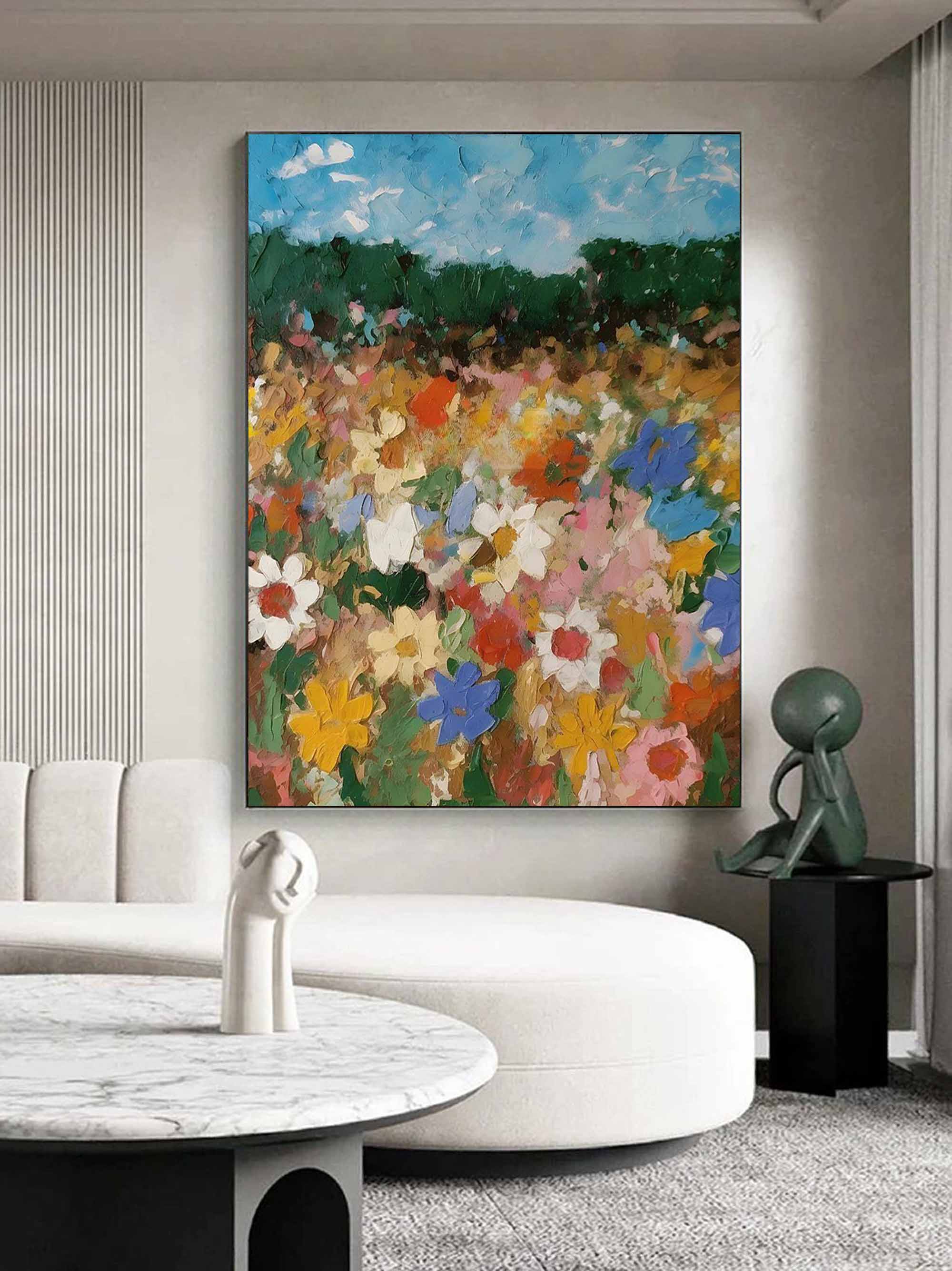 Abstract Floral Meadow Painting - Vibrant Wildflowers on Canvas