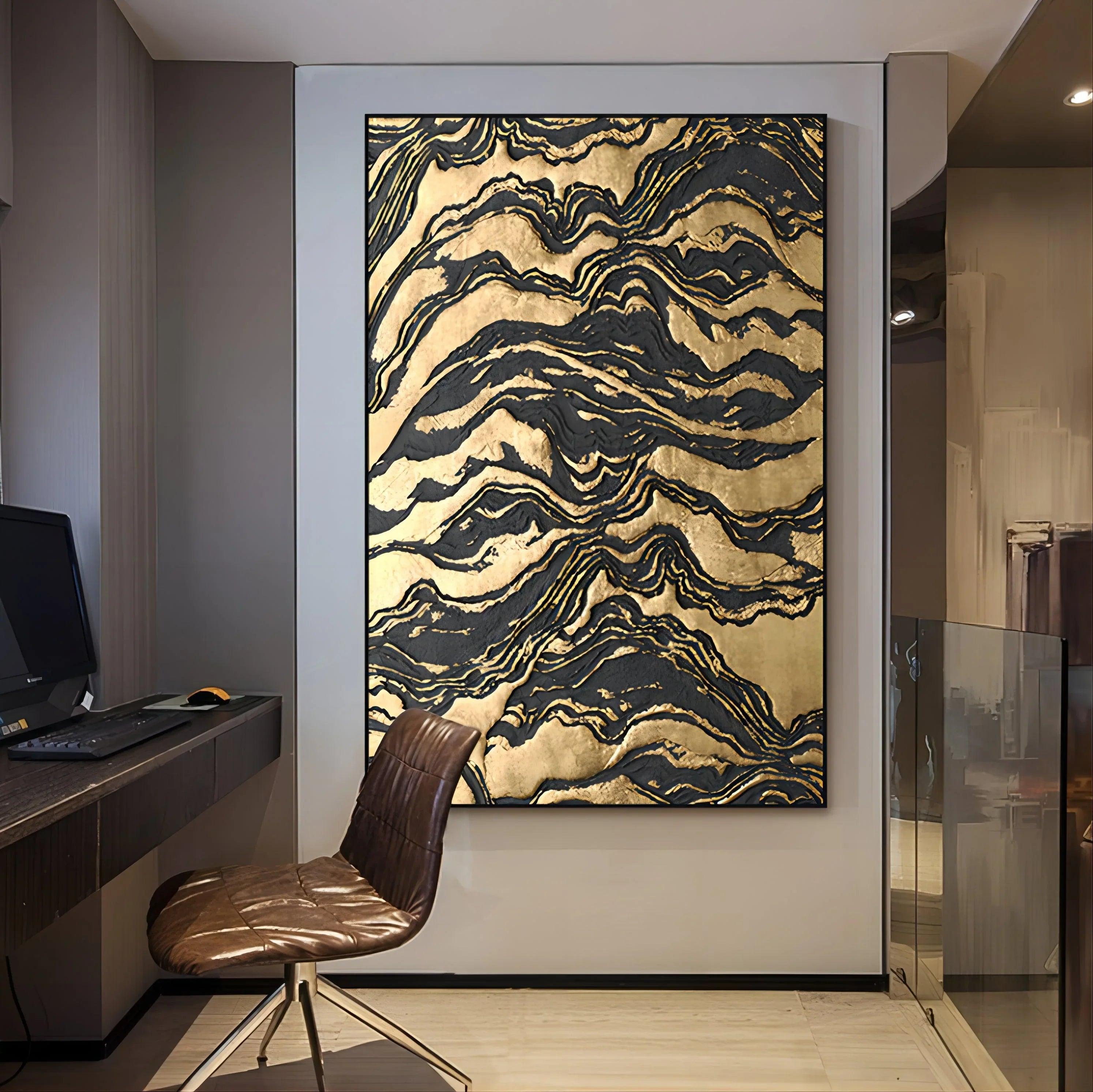 Golden Erosion-Black Gold Layered Texture Abstract Oil Painting Wall Art - artextured