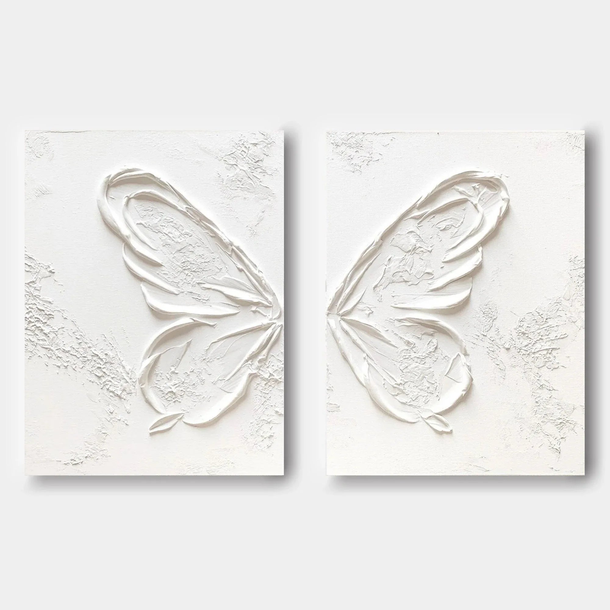 Ethereal Butterfly Diptych Set Of 2-Symmetrical Pure White Three-Dimensional Butterfly Minimalist Abstract Wall Art - artextured