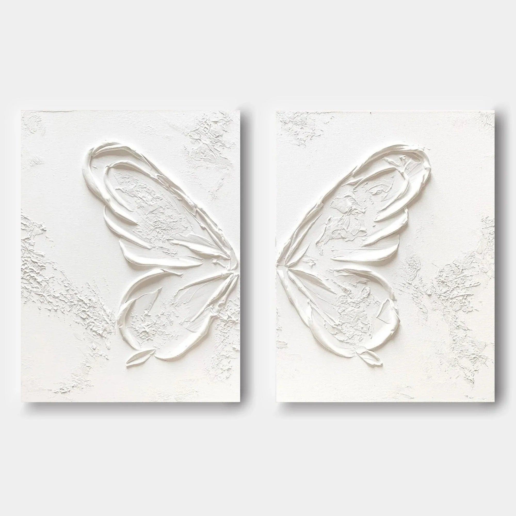 Ethereal Butterfly Diptych Set Of 2-Symmetrical Pure White Three-Dimensional Butterfly Minimalist Abstract Wall Art - artextured
