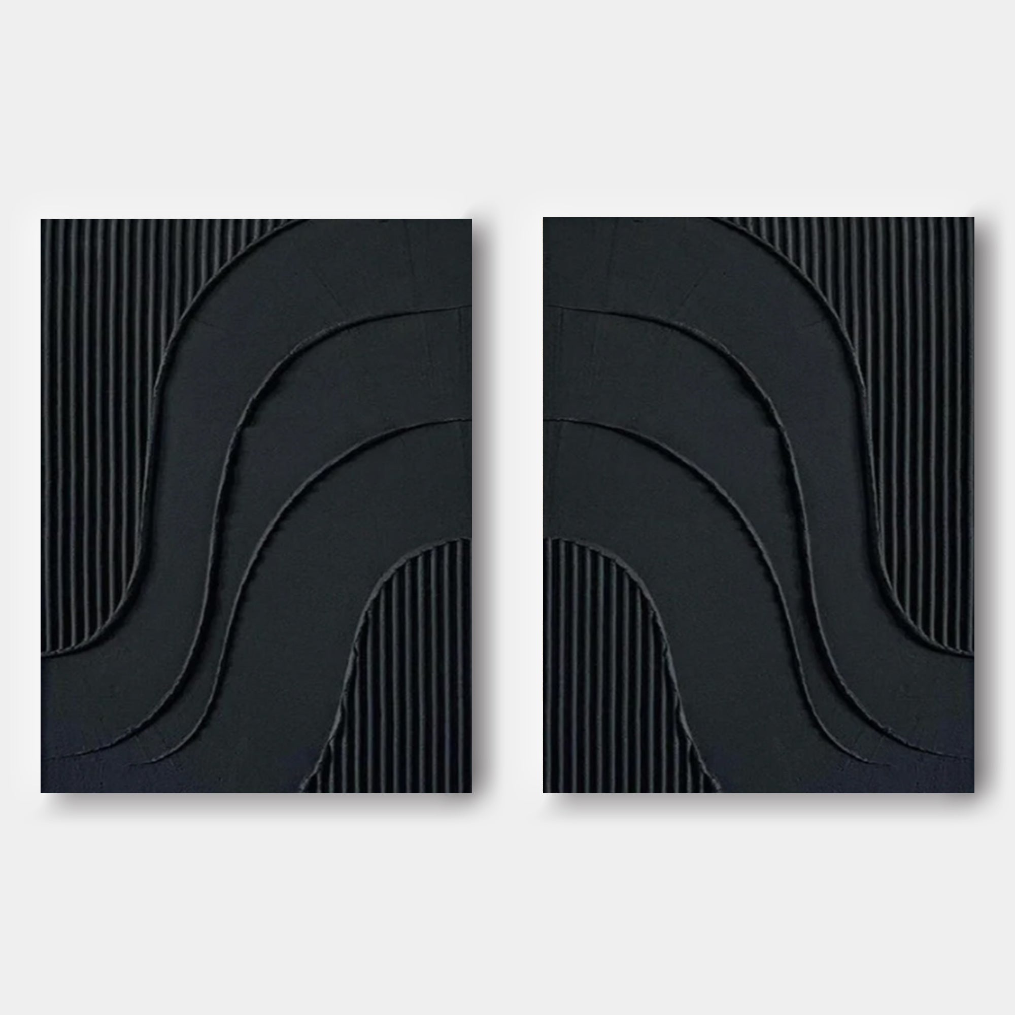 Noir Textured Diptych Art Set Of 2-Minimalist Pure Black Three-Dimensional Curved Abstract Wall Art