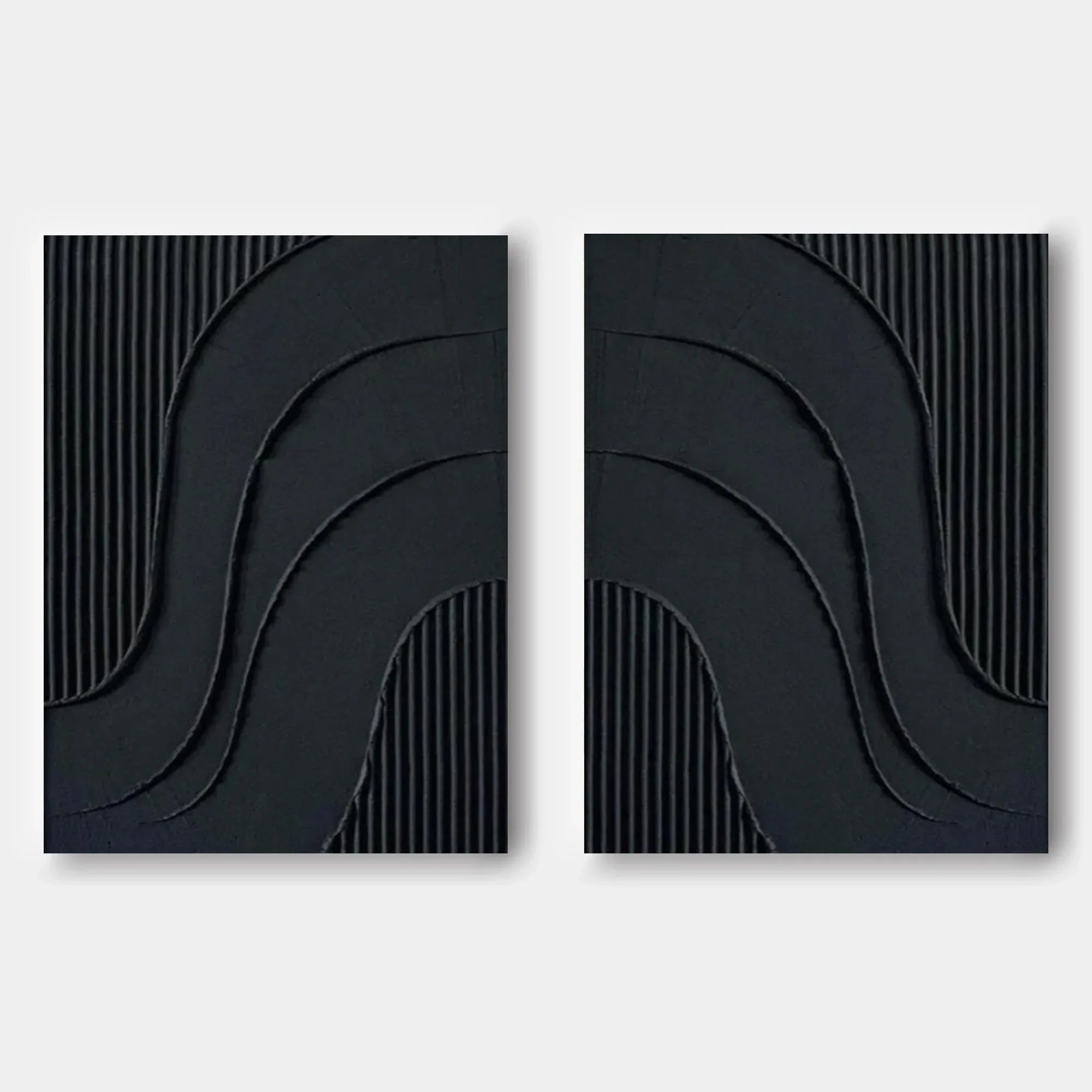Noir Textured Diptych Art Set Of 2-Minimalist Pure Black Three-Dimensional Curved Abstract Wall Art - artextured