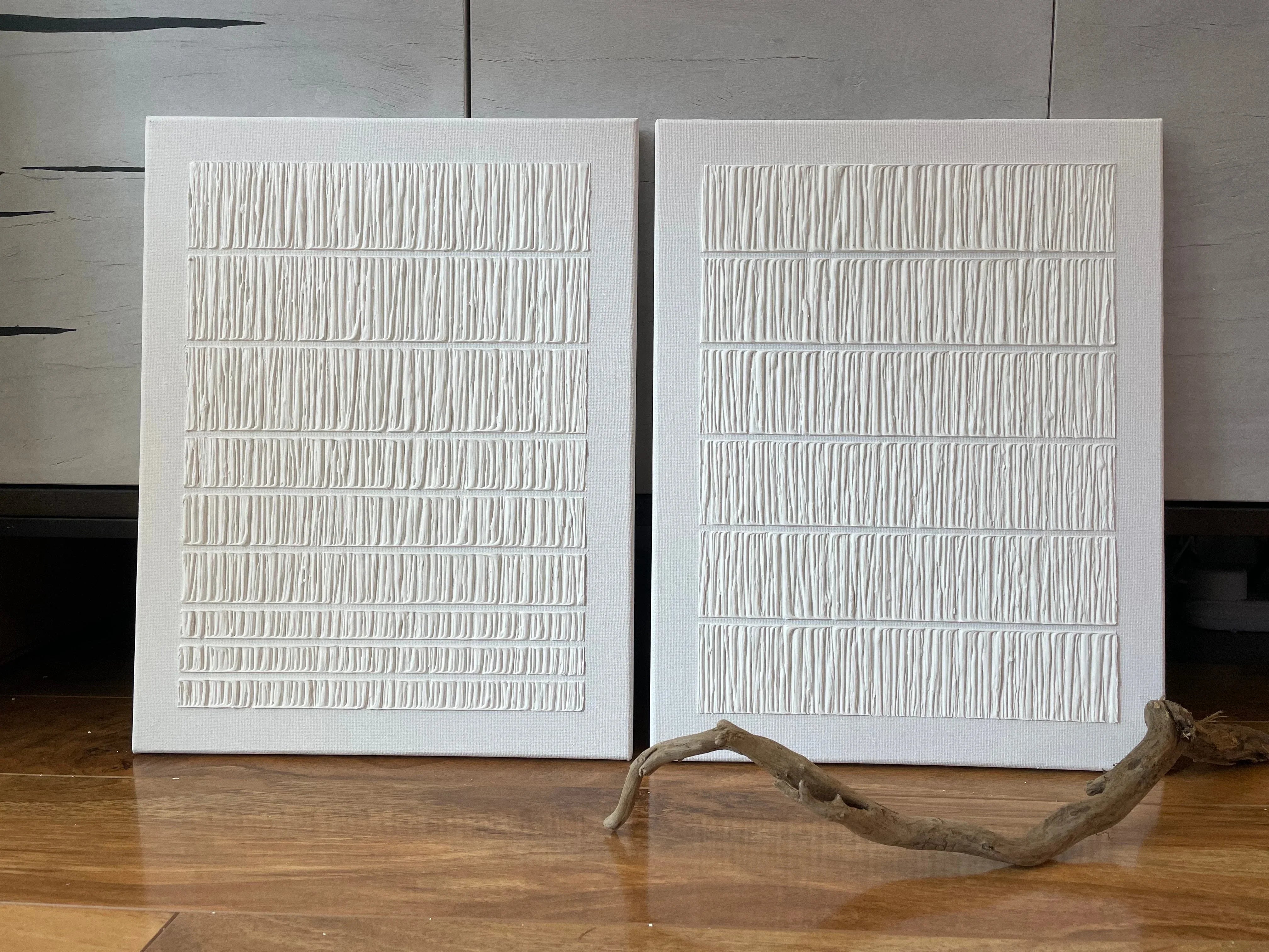 Linear Harmony Diptych Art Set Of 2-Pure White Minimalist Striped Abstract Wall Art - artextured