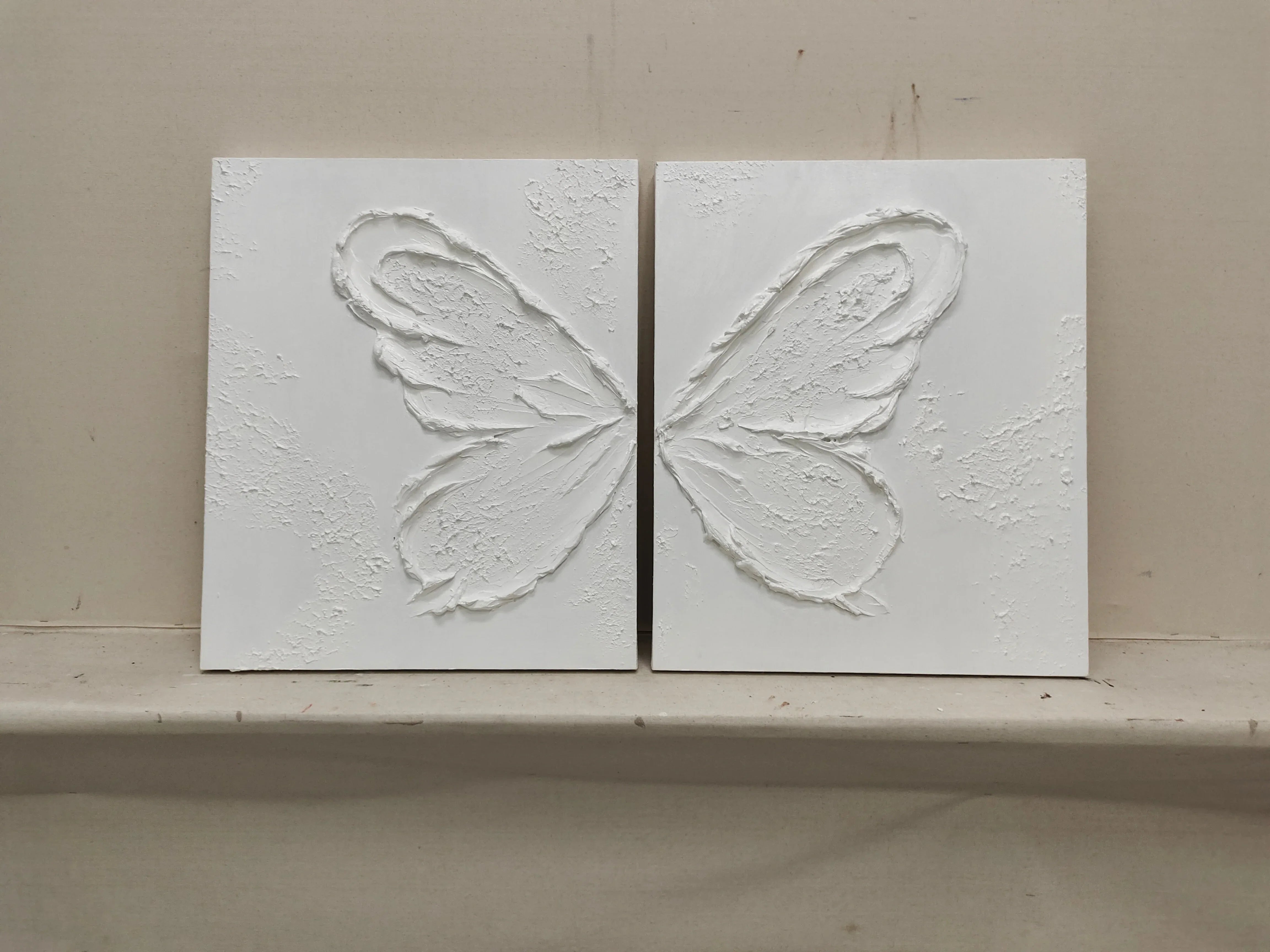 Ethereal Butterfly Diptych Set Of 2-Symmetrical Pure White Three-Dimensional Butterfly Minimalist Abstract Wall Art - artextured