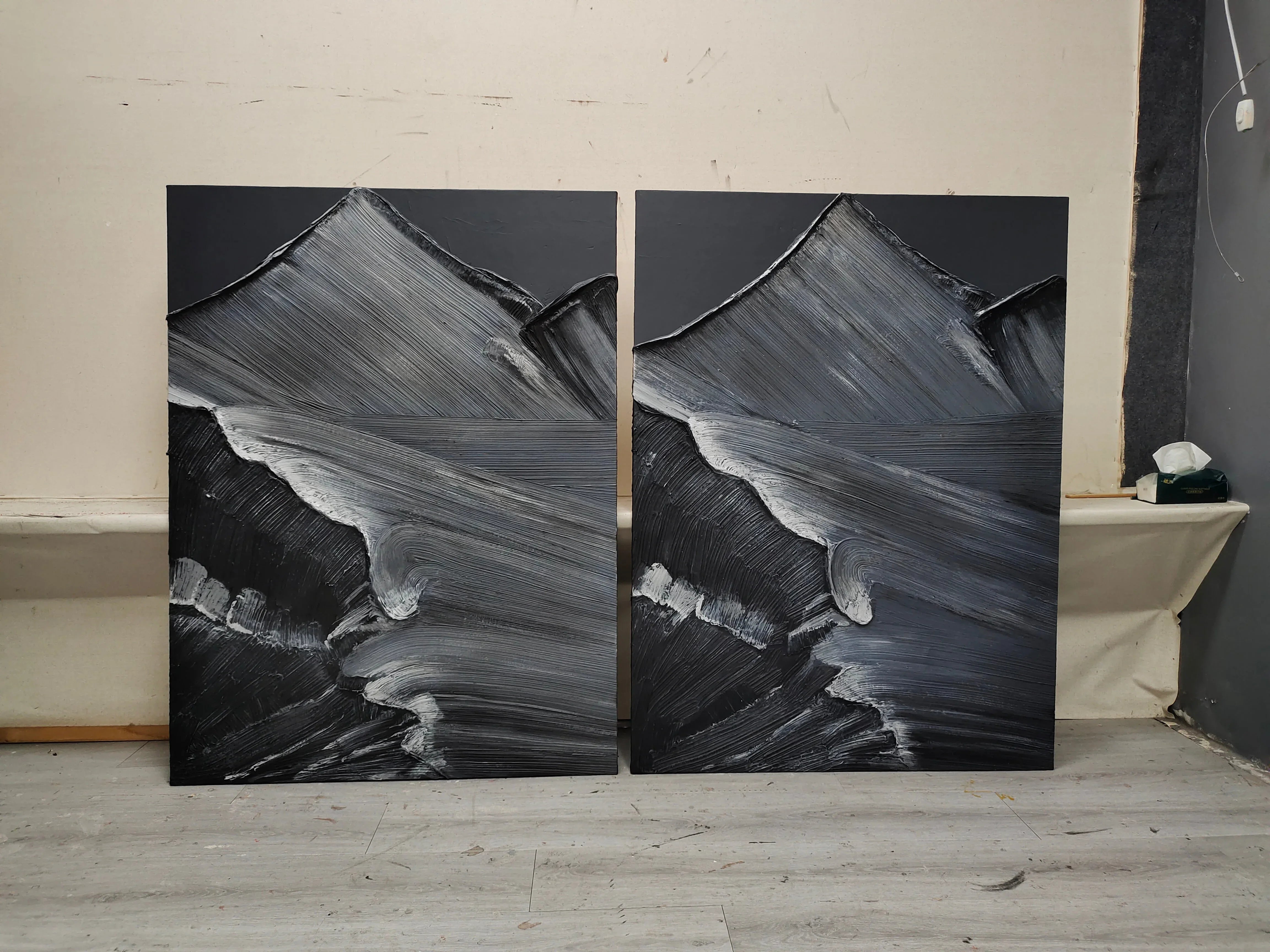 Midnight Peaks Vertical Art-Minimalist Oil Painting Wall Art with Mountain Scenery Texture - artextured