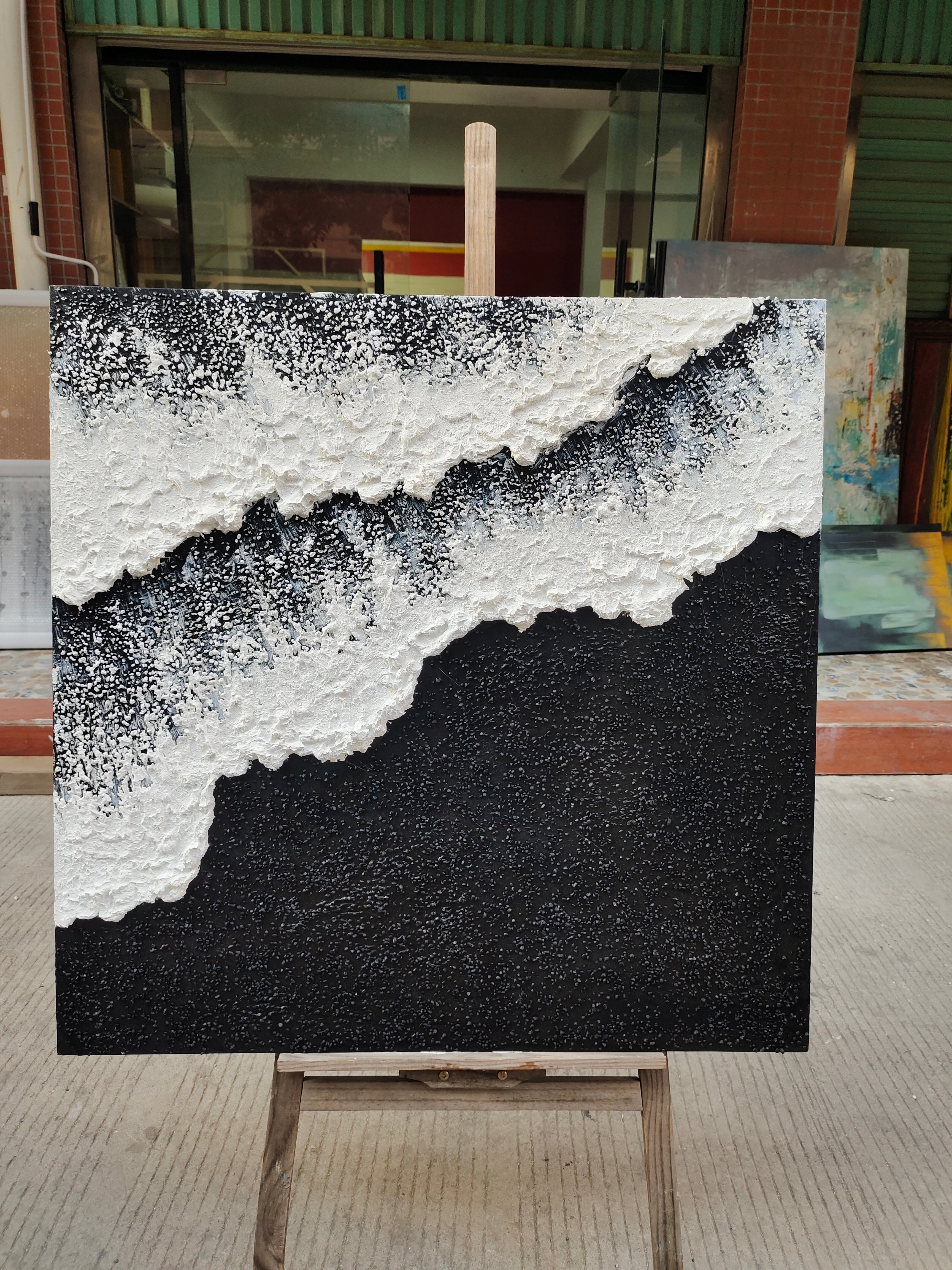 Abstract Black and White Ocean Wave Textured Canvas Art