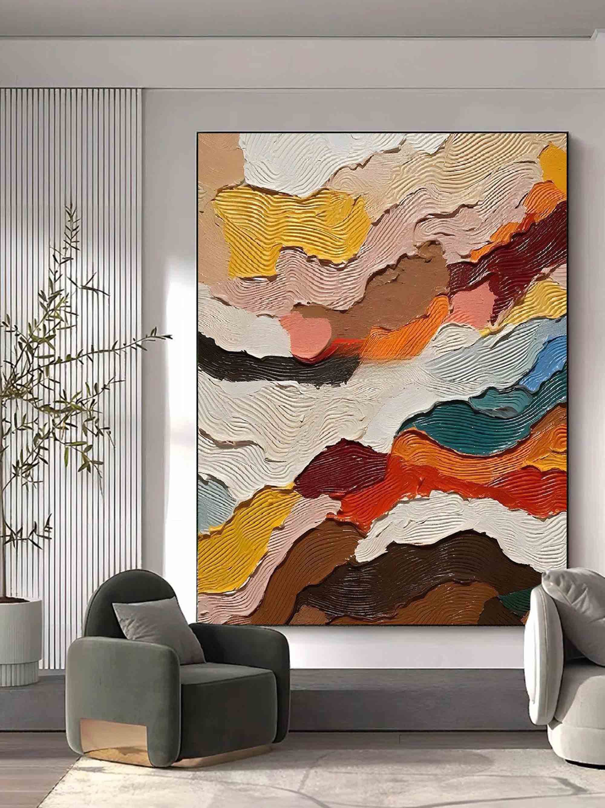 Abstract Textured Layered Painting - Modern Wave Patterns on Canvas