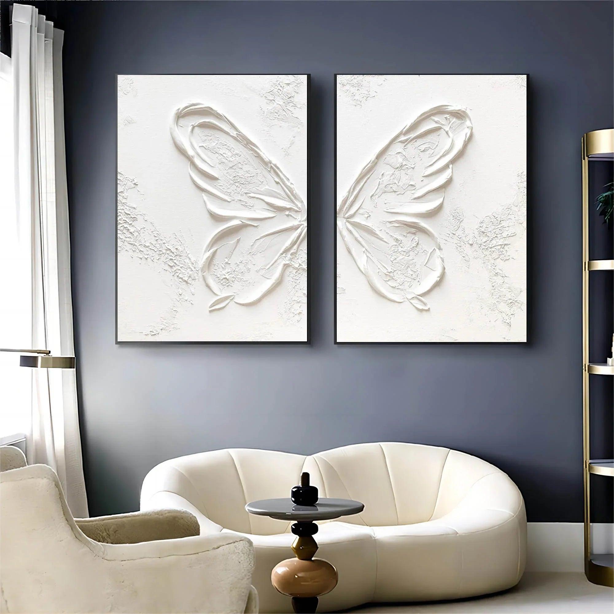 Ethereal Butterfly Diptych Set Of 2-Symmetrical Pure White Three-Dimensional Butterfly Minimalist Abstract Wall Art - artextured