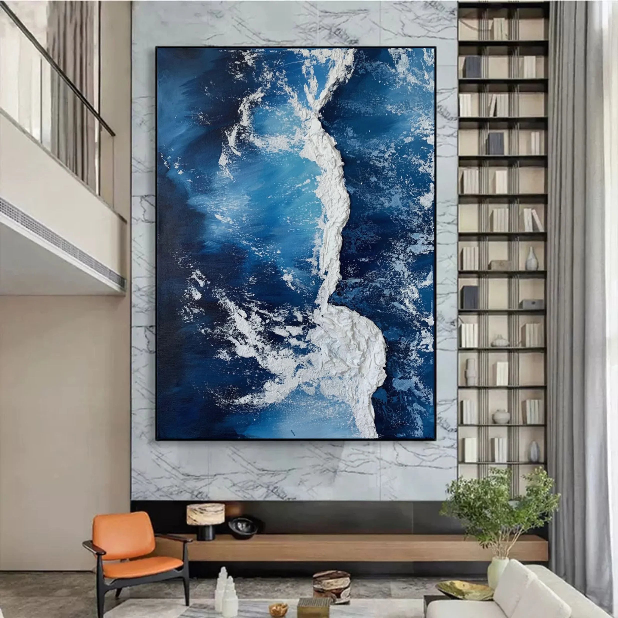 Azure Cascade Symphony-Deep Blue Stereoscopic Wave Abstract Wall Art - artextured