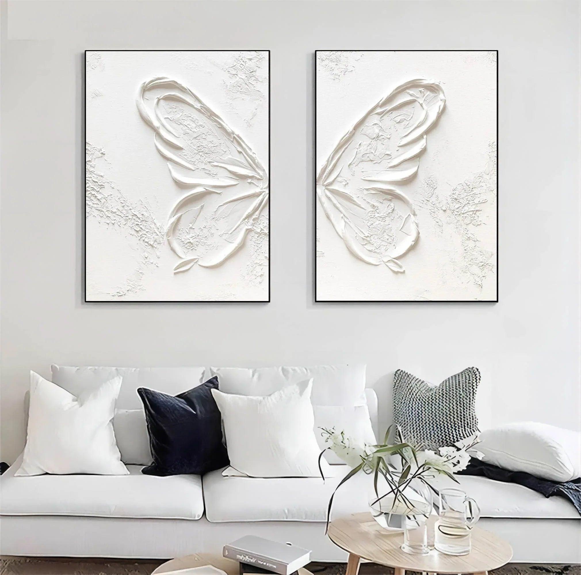 Ethereal Butterfly Diptych Set Of 2-Symmetrical Pure White Three-Dimensional Butterfly Minimalist Abstract Wall Art - artextured