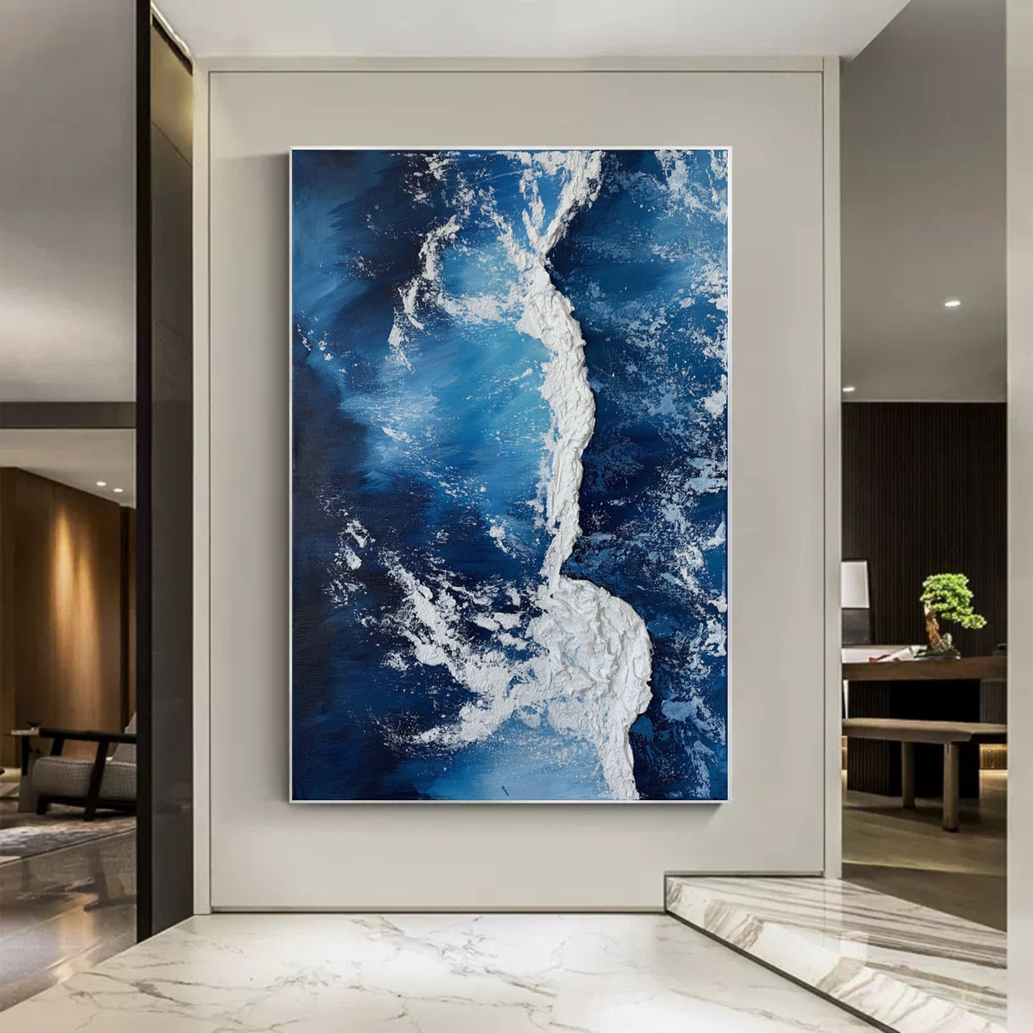 Azure Cascade Symphony-Deep Blue Stereoscopic Wave Abstract Wall Art