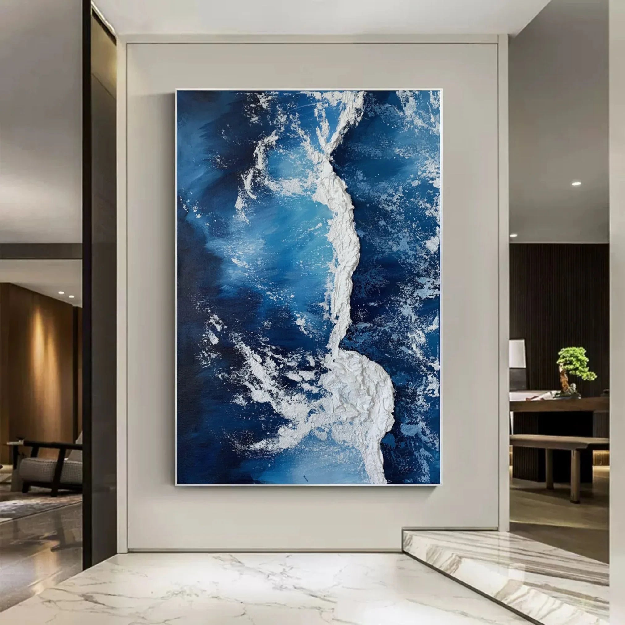 Azure Cascade Symphony-Deep Blue Stereoscopic Wave Abstract Wall Art - artextured