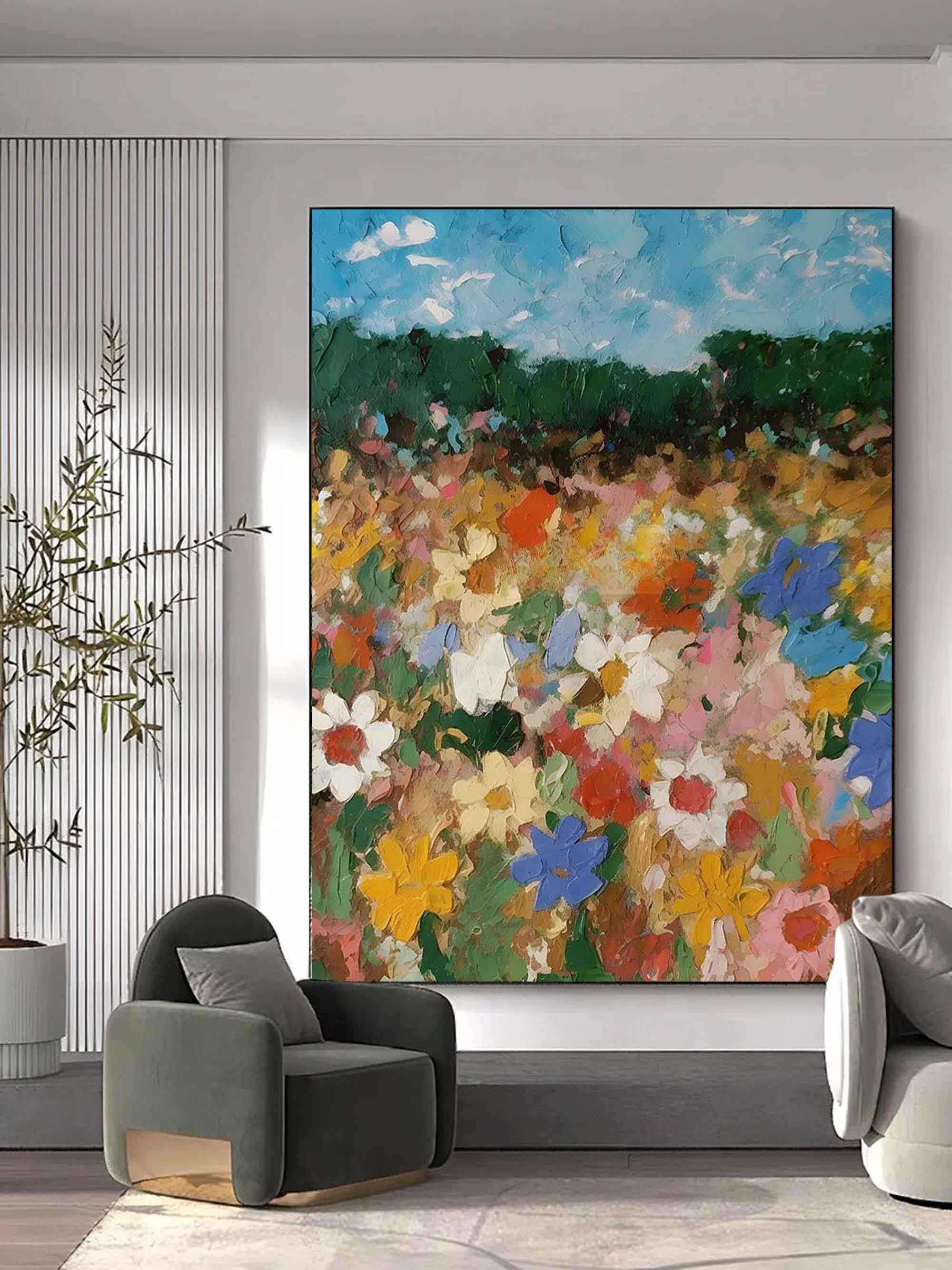 Abstract Floral Meadow Painting - Vibrant Wildflowers on Canvas