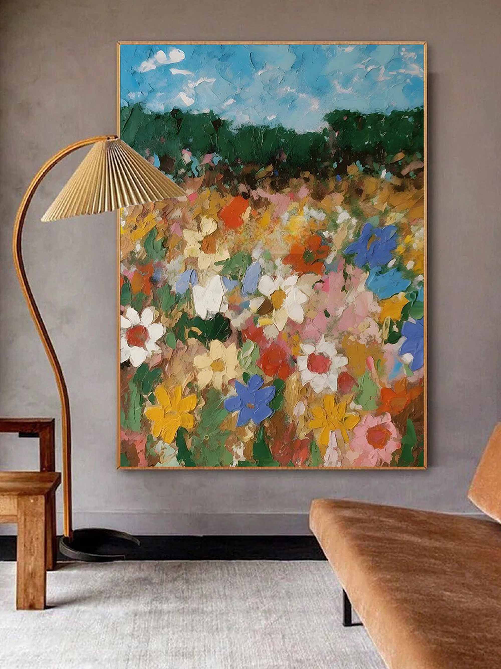 Abstract Floral Meadow Painting - Vibrant Wildflowers on Canvas