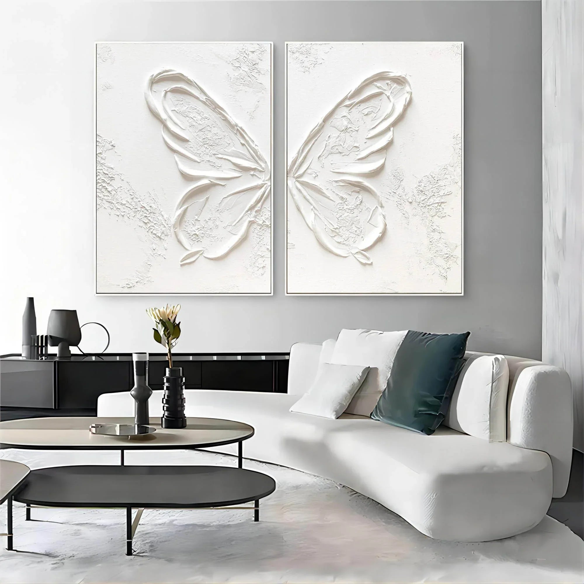 Ethereal Butterfly Diptych Set Of 2-Symmetrical Pure White Three-Dimensional Butterfly Minimalist Abstract Wall Art - artextured