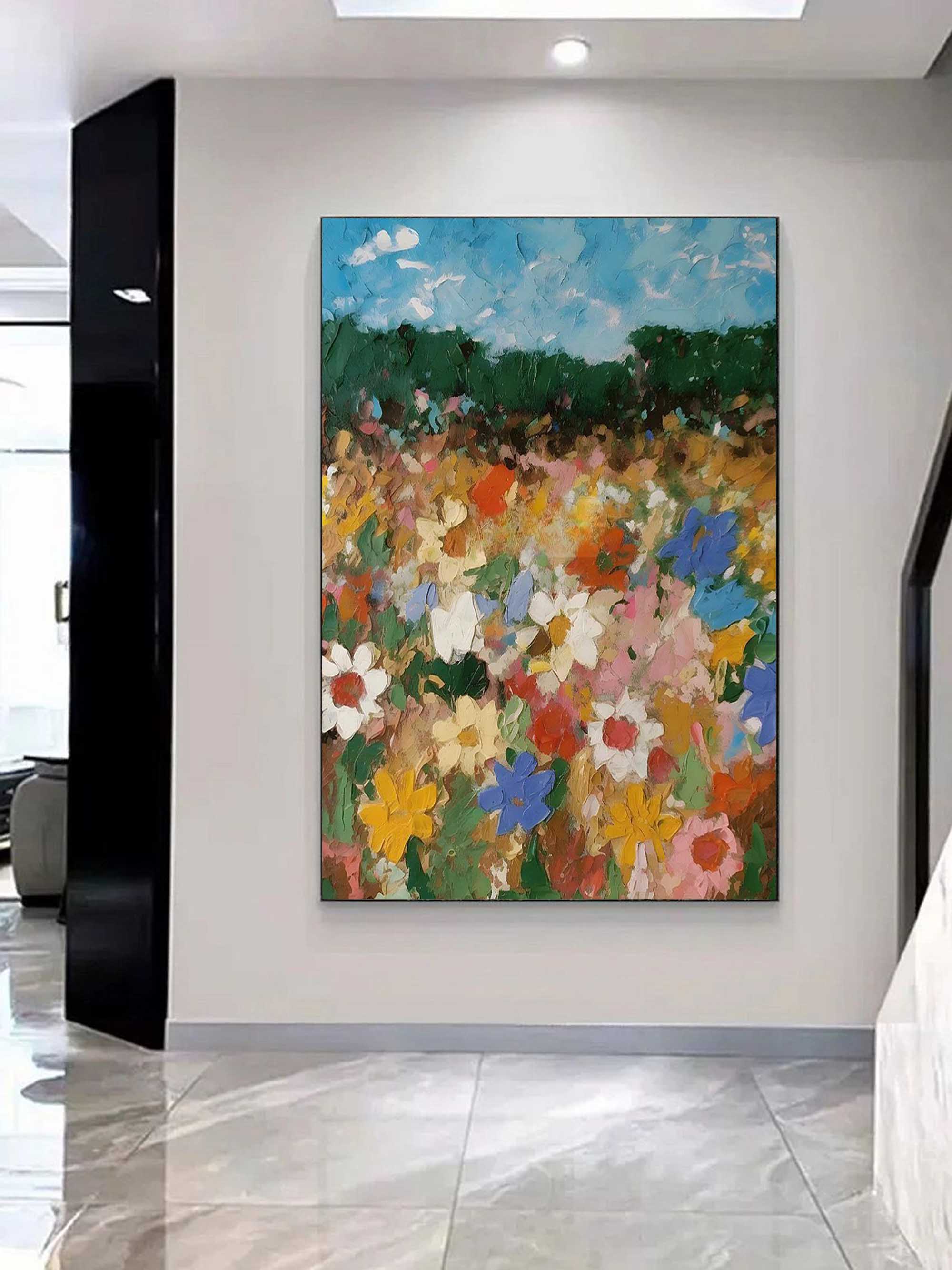 Abstract Floral Meadow Painting - Vibrant Wildflowers on Canvas