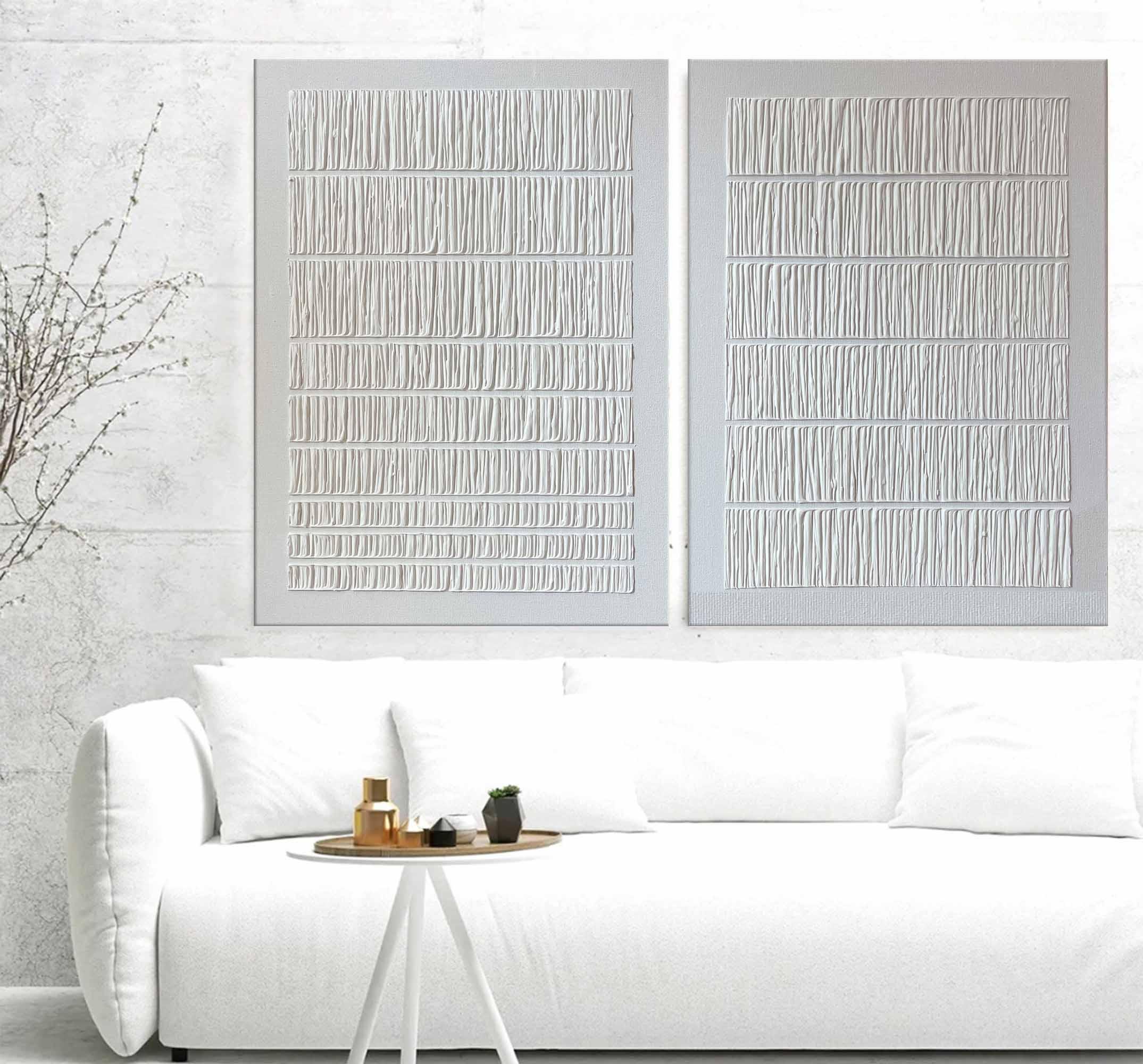 Linear Harmony Diptych Art Set Of 2-Pure White Minimalist Striped Abstract Wall Art - artextured