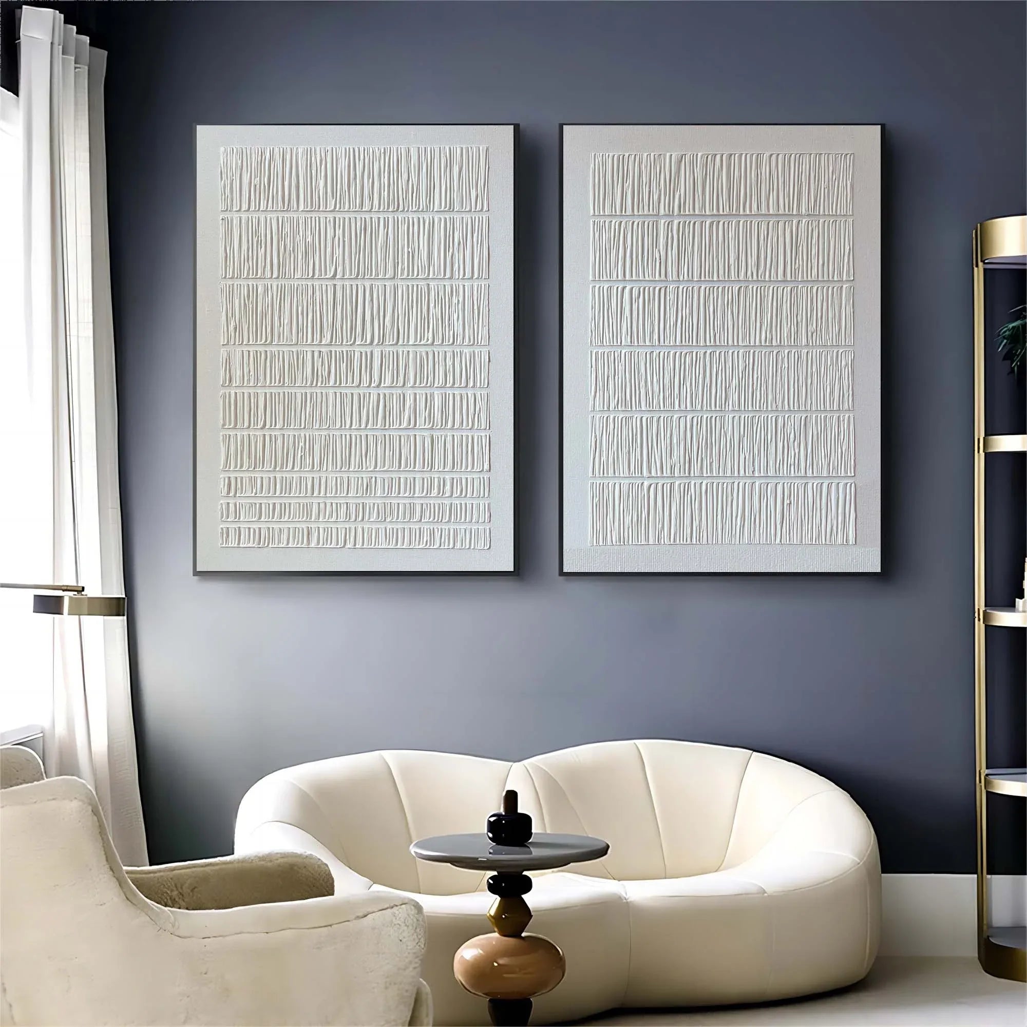 Linear Harmony Diptych Art Set Of 2-Pure White Minimalist Striped Abstract Wall Art - artextured